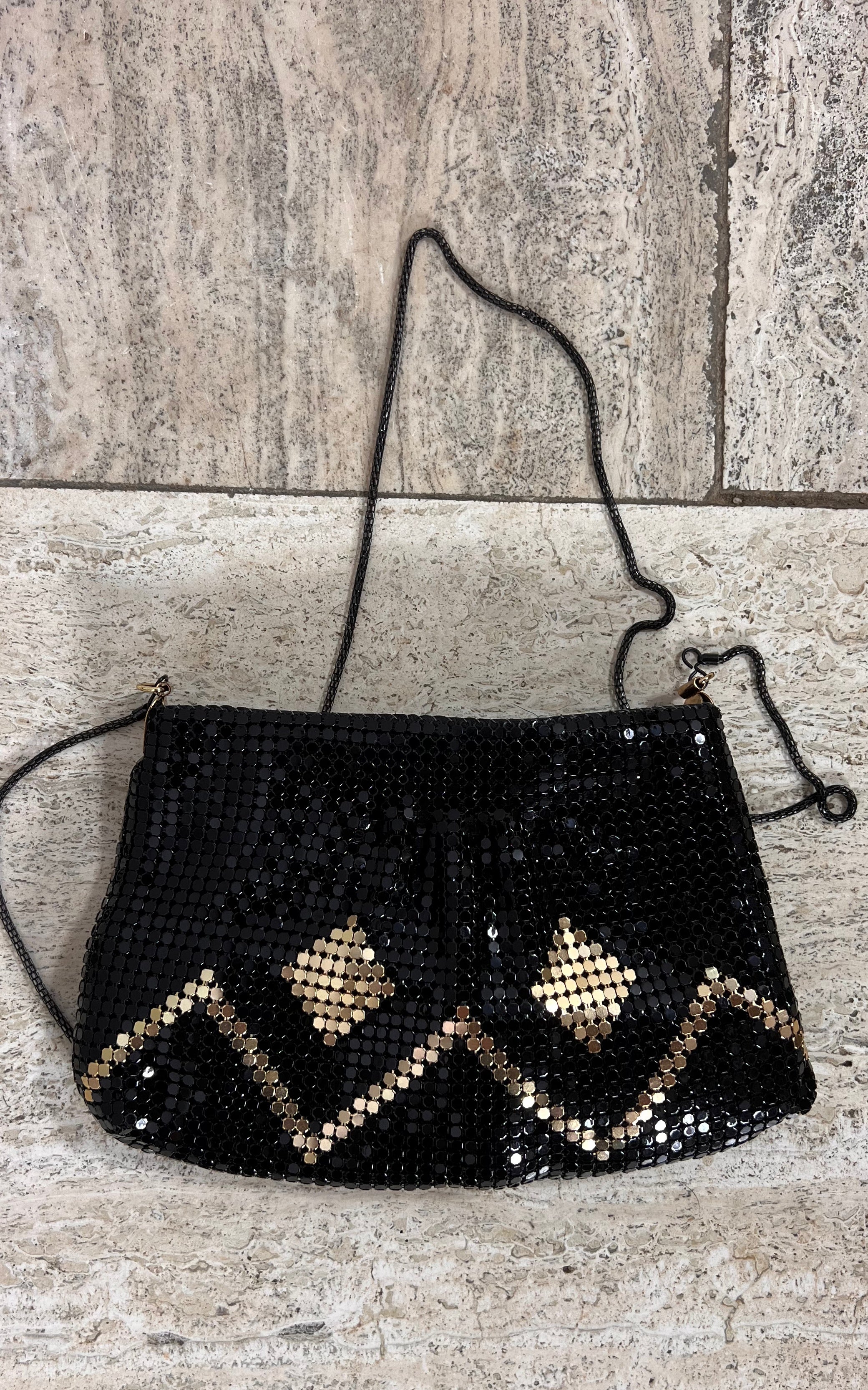 Vintage Black Metal Mesh Evening Bag with Gold Pattern