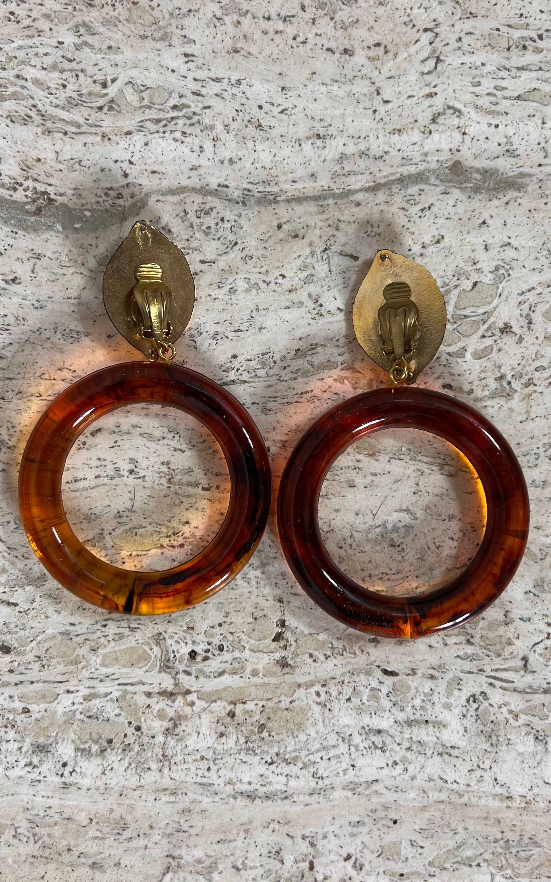 Vintage 70s Tortoise Shell Style Hoop Clip Ons