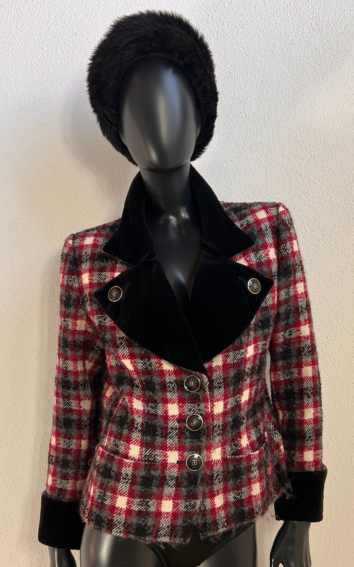 Yves Saint Laurent Rive Gauche Wool Check Jacket with Black Silk Velvet Trim