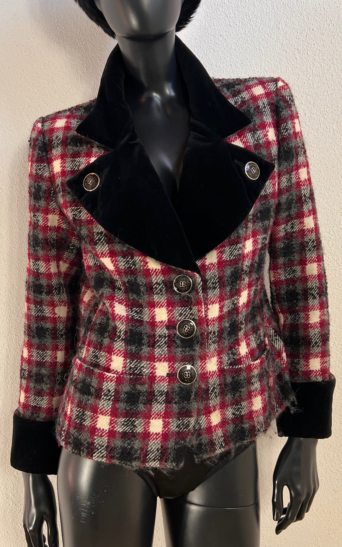 Yves Saint Laurent Rive Gauche Wool Check Jacket with Black Silk Velvet Trim