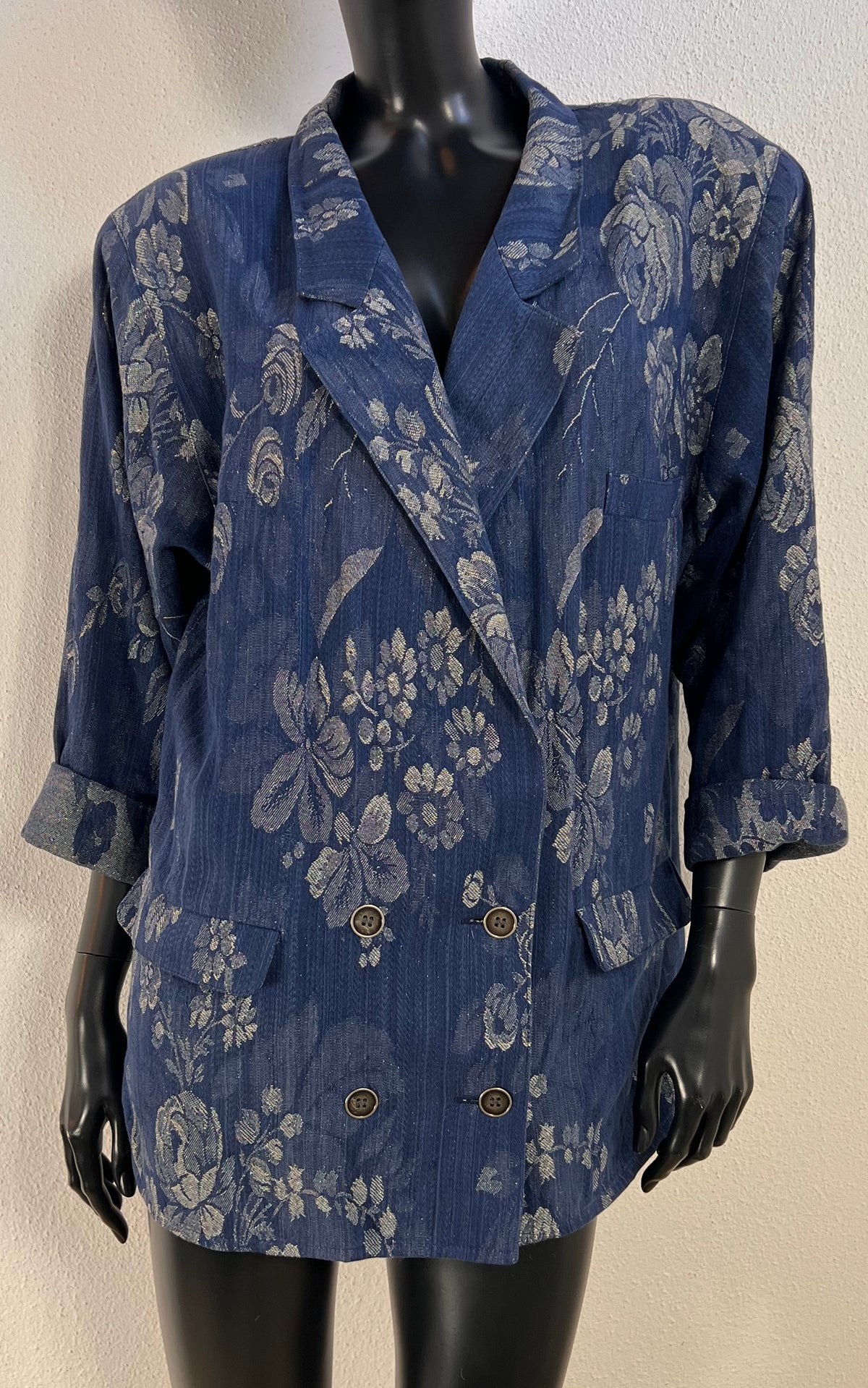 Vintage 80s Smarti Style Blue Floral Cotton &amp; Lurex Blazer