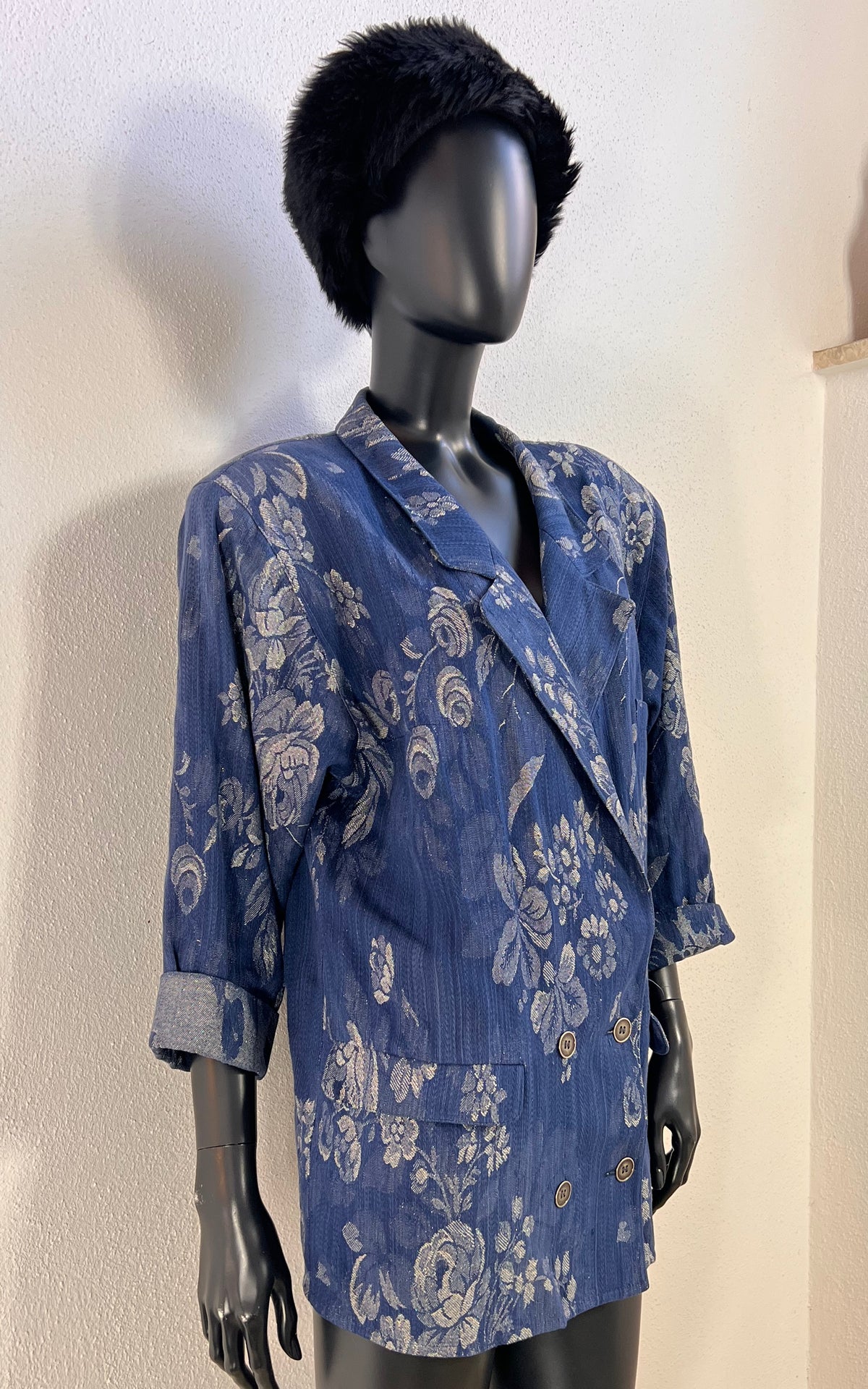 Vintage 80s Smarti Style Blue Floral Cotton &amp; Lurex Blazer