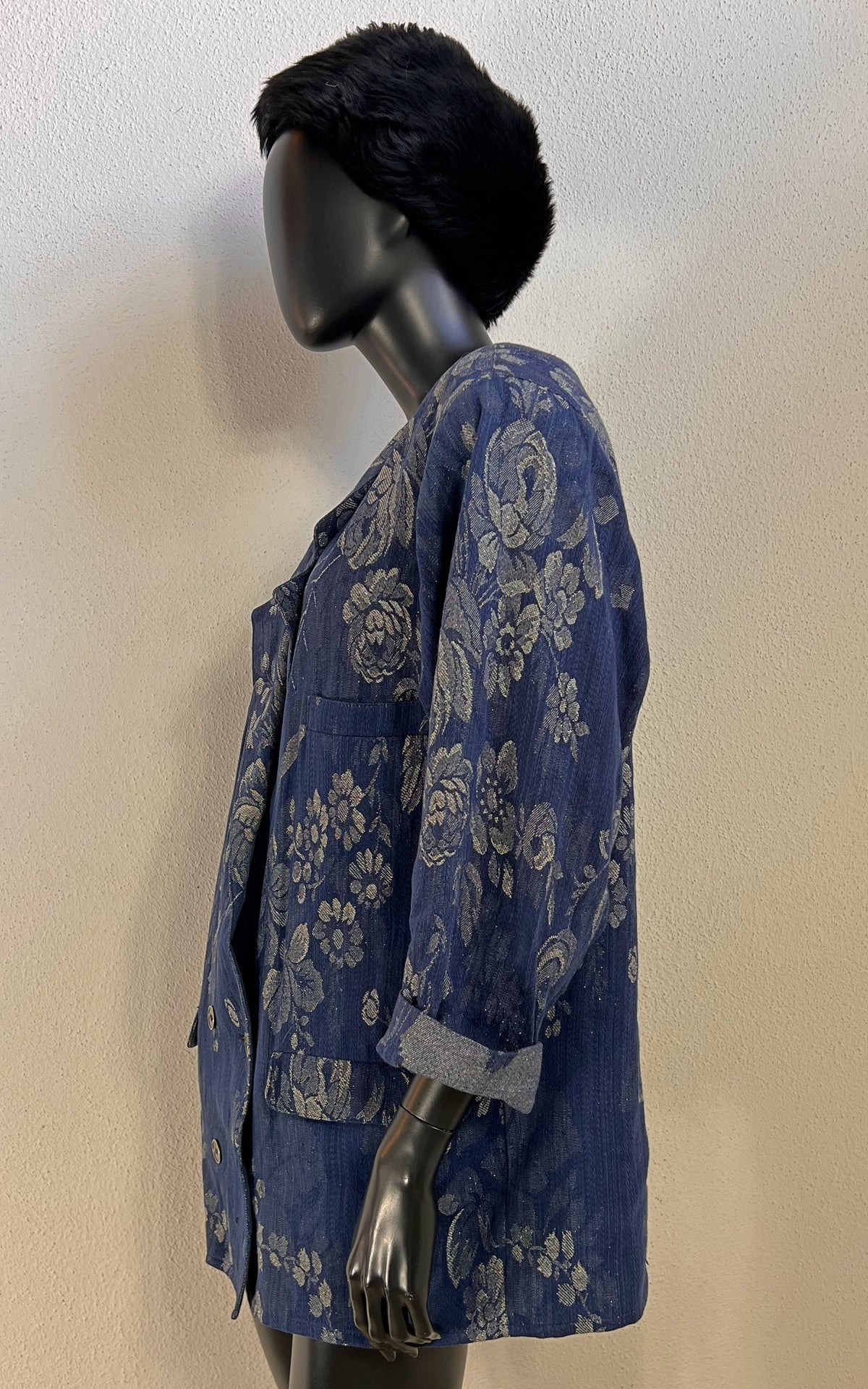 Vintage 80s Smarti Style Blue Floral Cotton &amp; Lurex Blazer