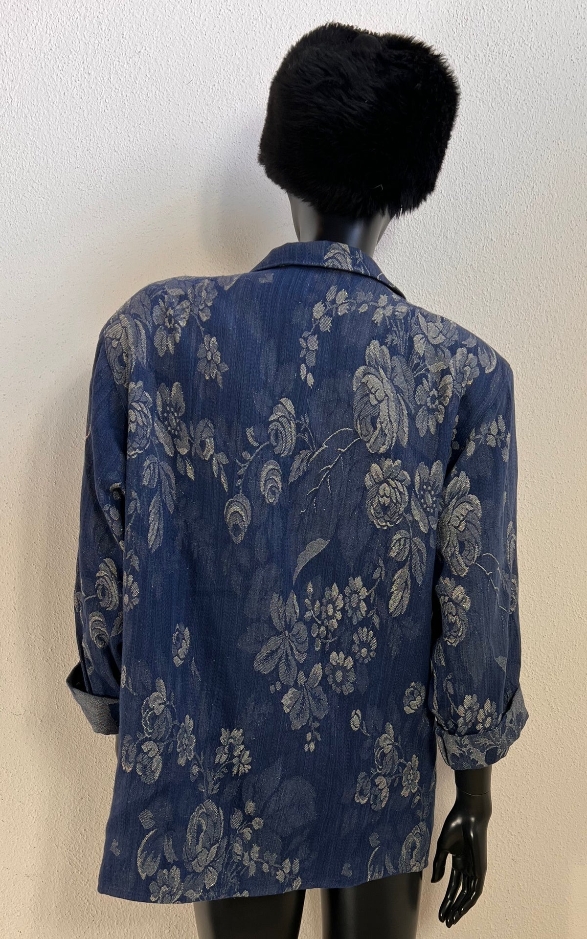 Vintage 80s Smarti Style Blue Floral Cotton &amp; Lurex Blazer