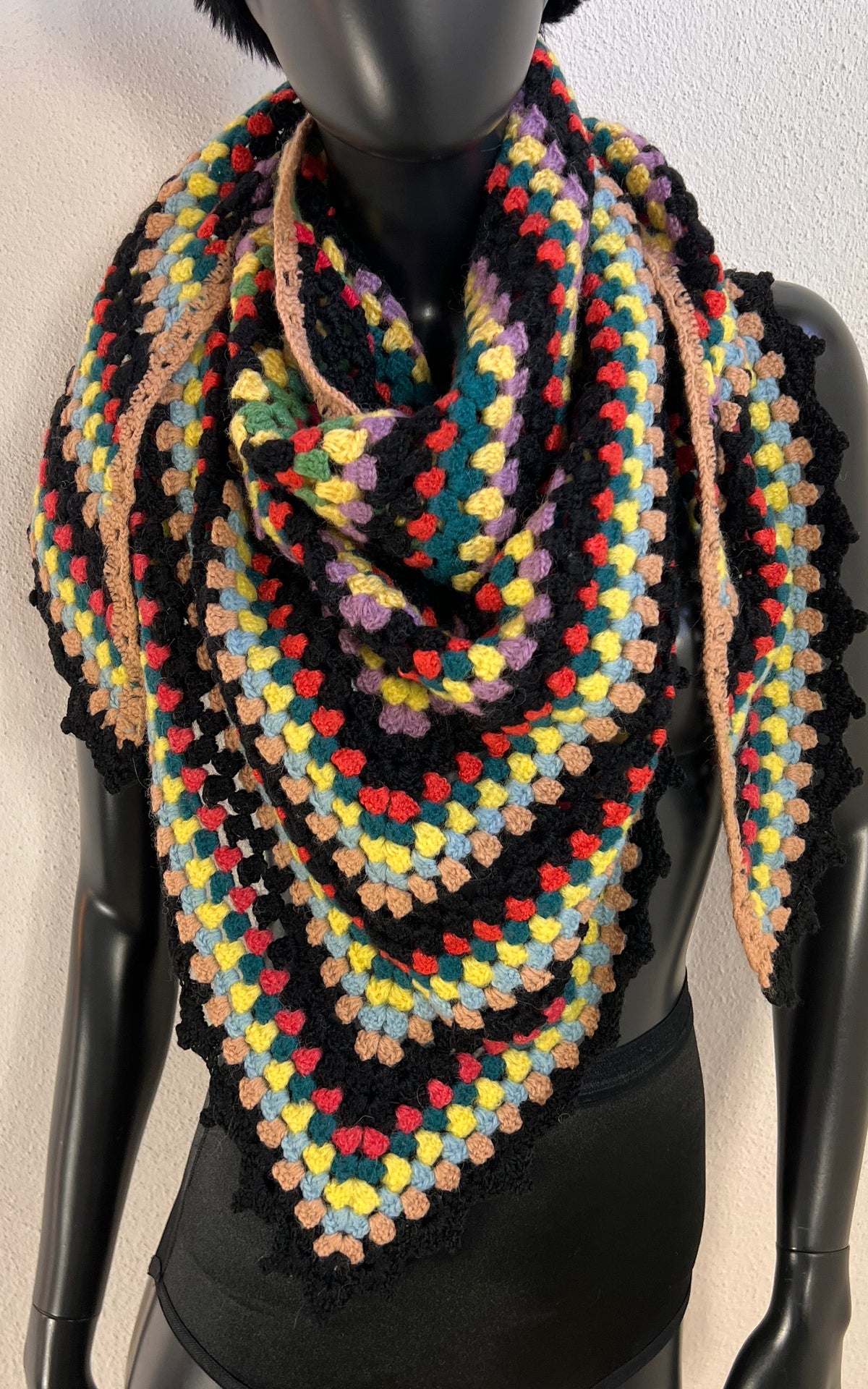 Vintage Handmade Multicolour Wool Crochet Shawl
