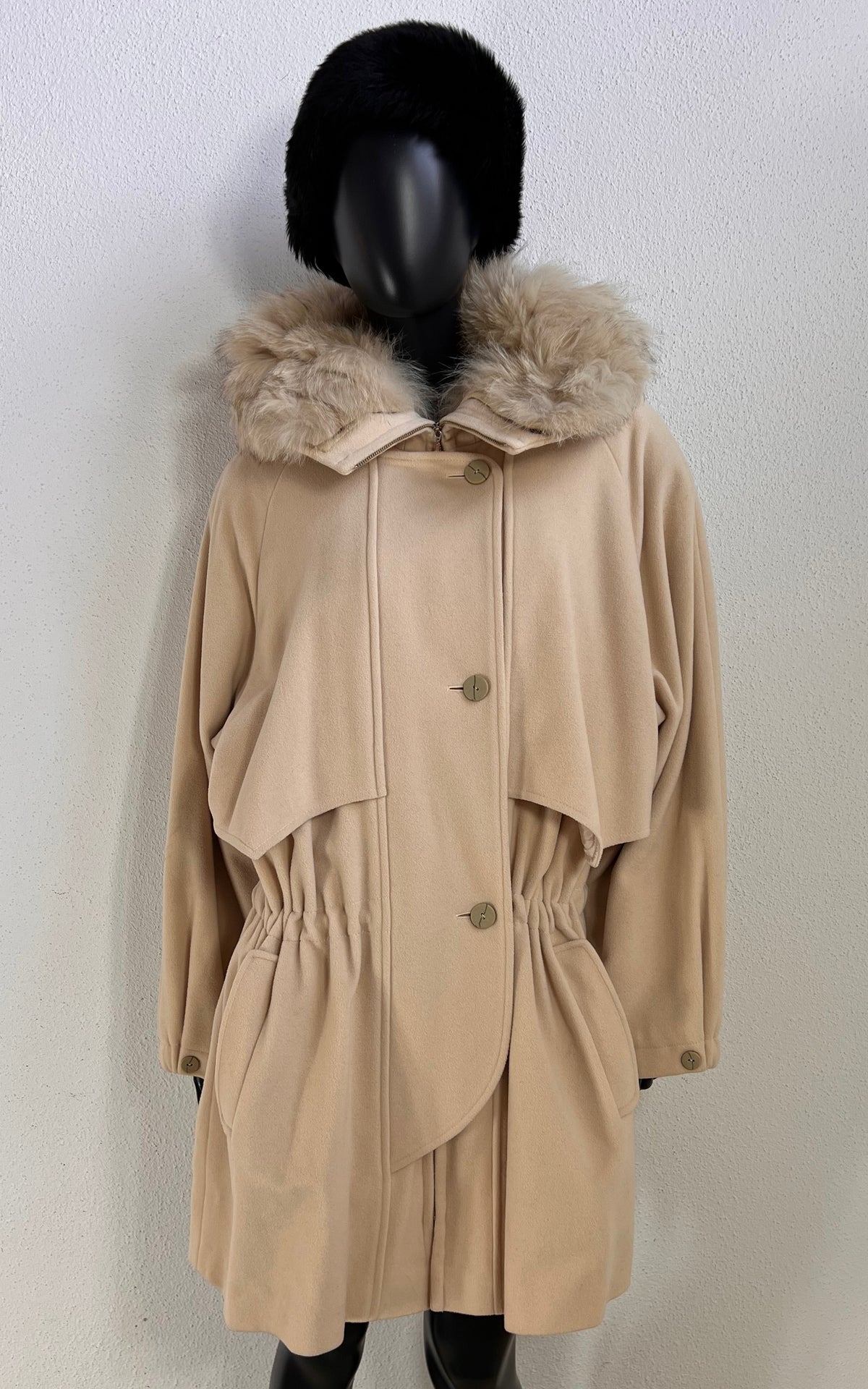 Vintage Cisstein Cream Cashmere & Wool Coat with Fur-Trimmed Hood