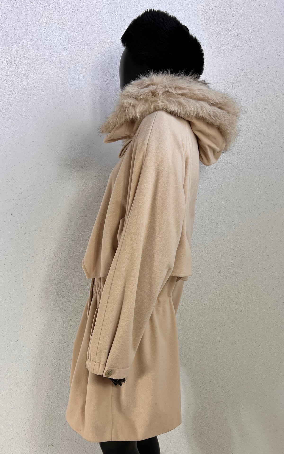 Vintage Cisstein Cream Cashmere & Wool Coat with Fur-Trimmed Hood