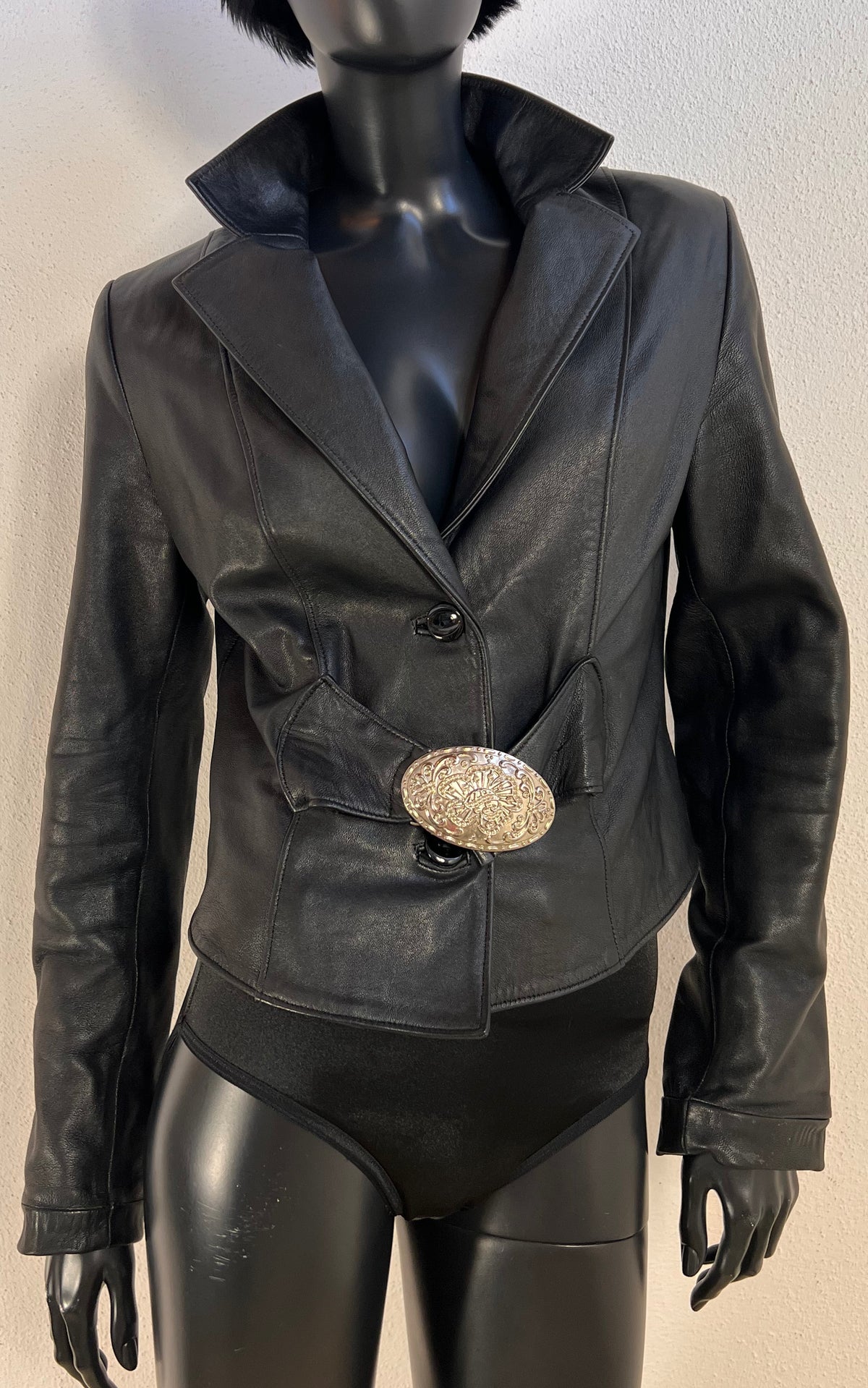 Y2K Sanpauli Black Leather Jacket with Ornate Buckle Detail
