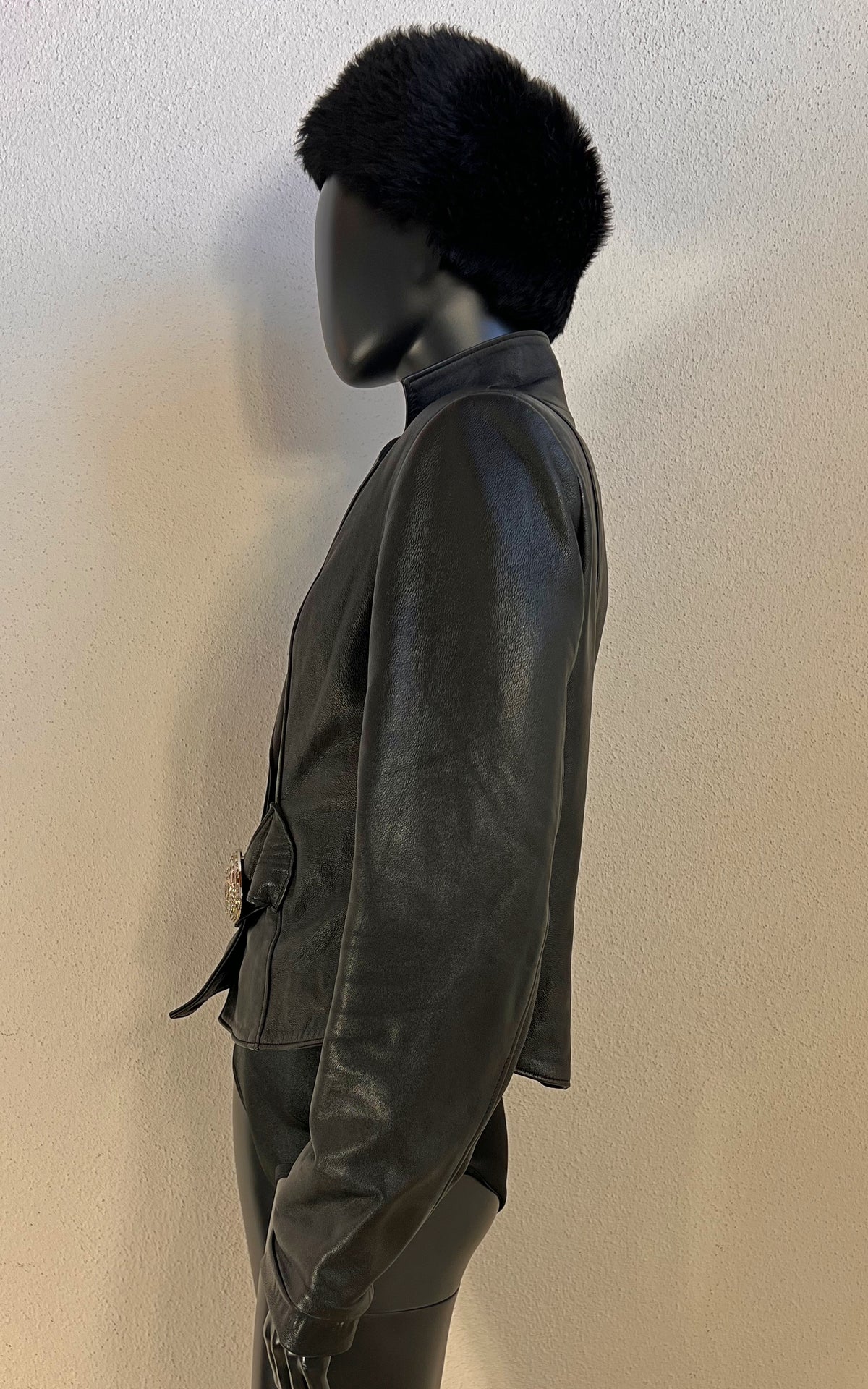 Y2K Sanpauli Black Leather Jacket with Ornate Buckle Detail