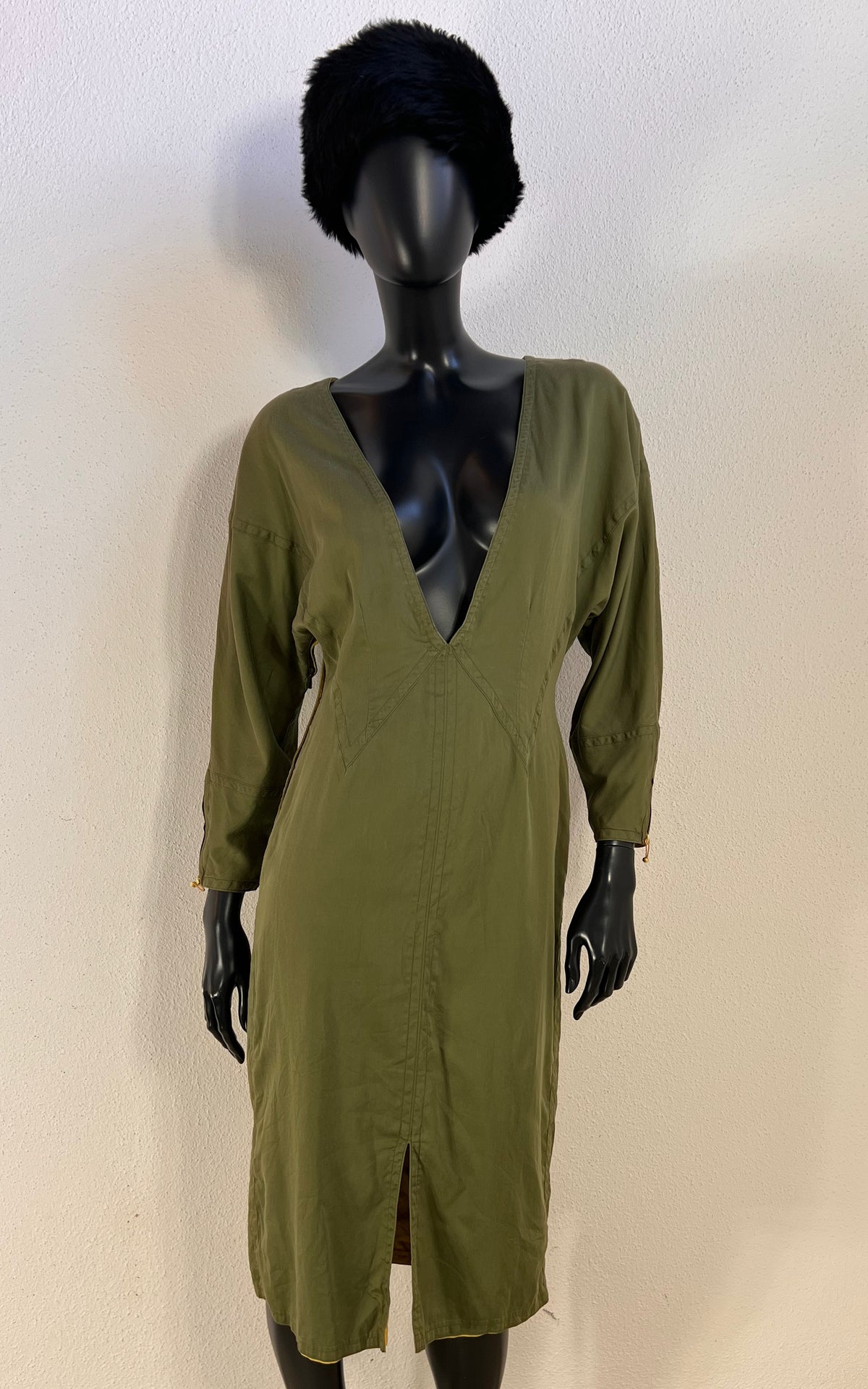 Vintage Jil Sander Olive Green Cotton Dress with Geometric Seaming