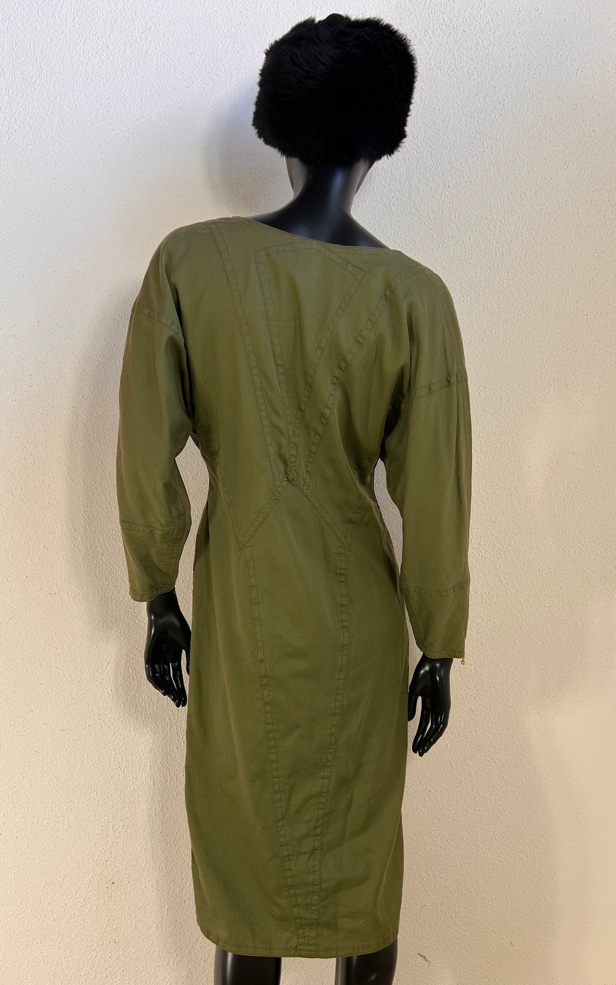 Vintage Jil Sander Olive Green Cotton Dress with Geometric Seaming