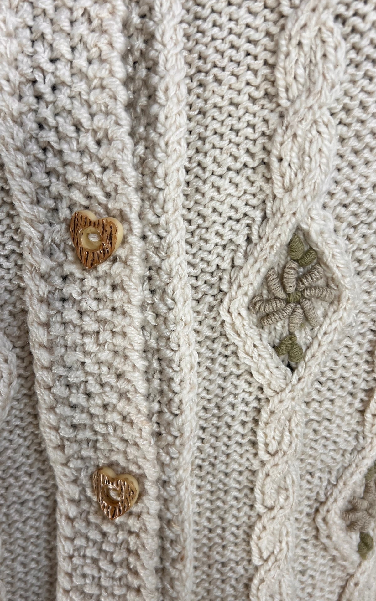 Vintage Handmade Austrian Wool Cardigan – Cream Cable Knit with Floral Details