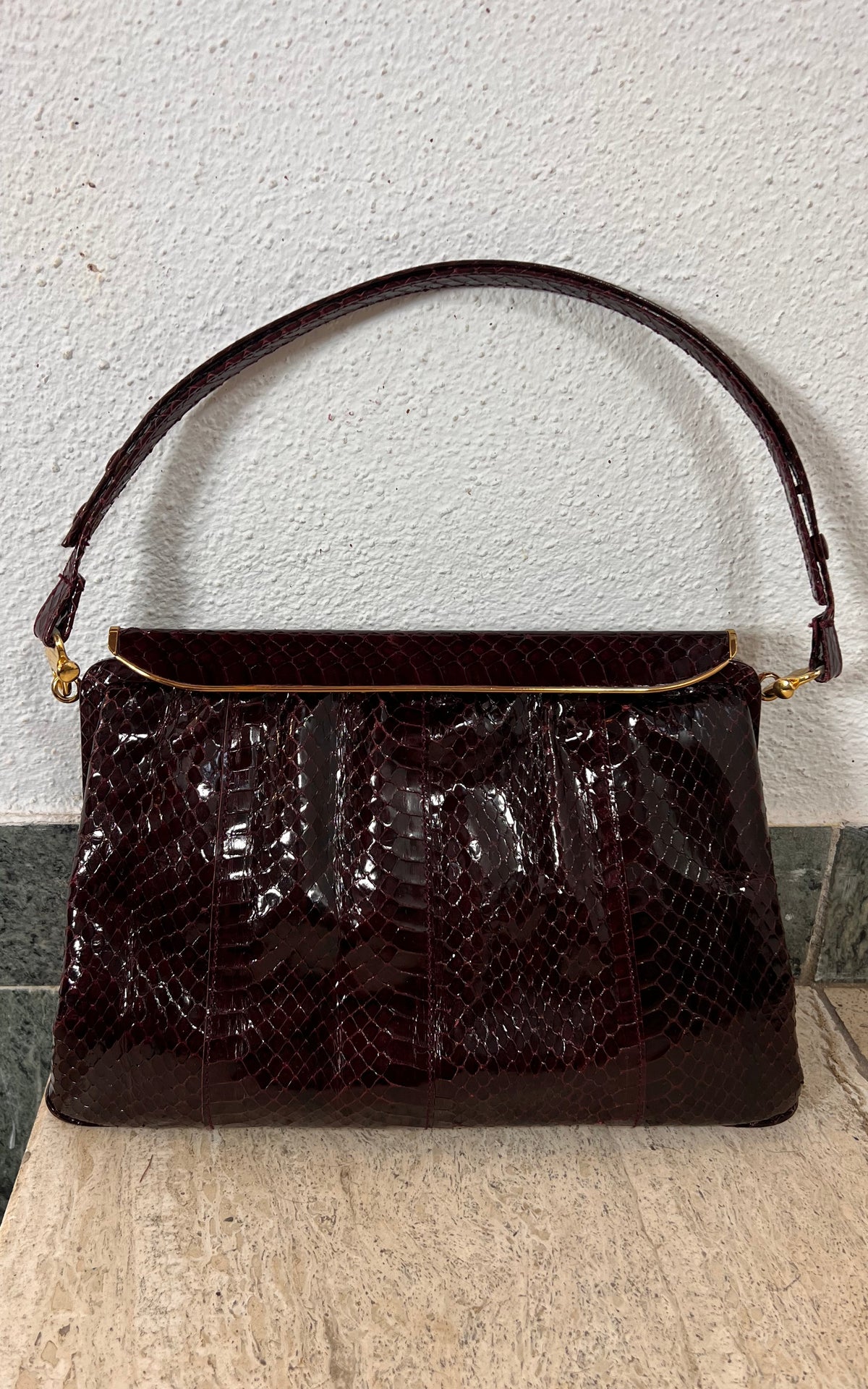 Vintage Genuine Snakeskin Handbag in Burgundy with Gold-Tone Frame