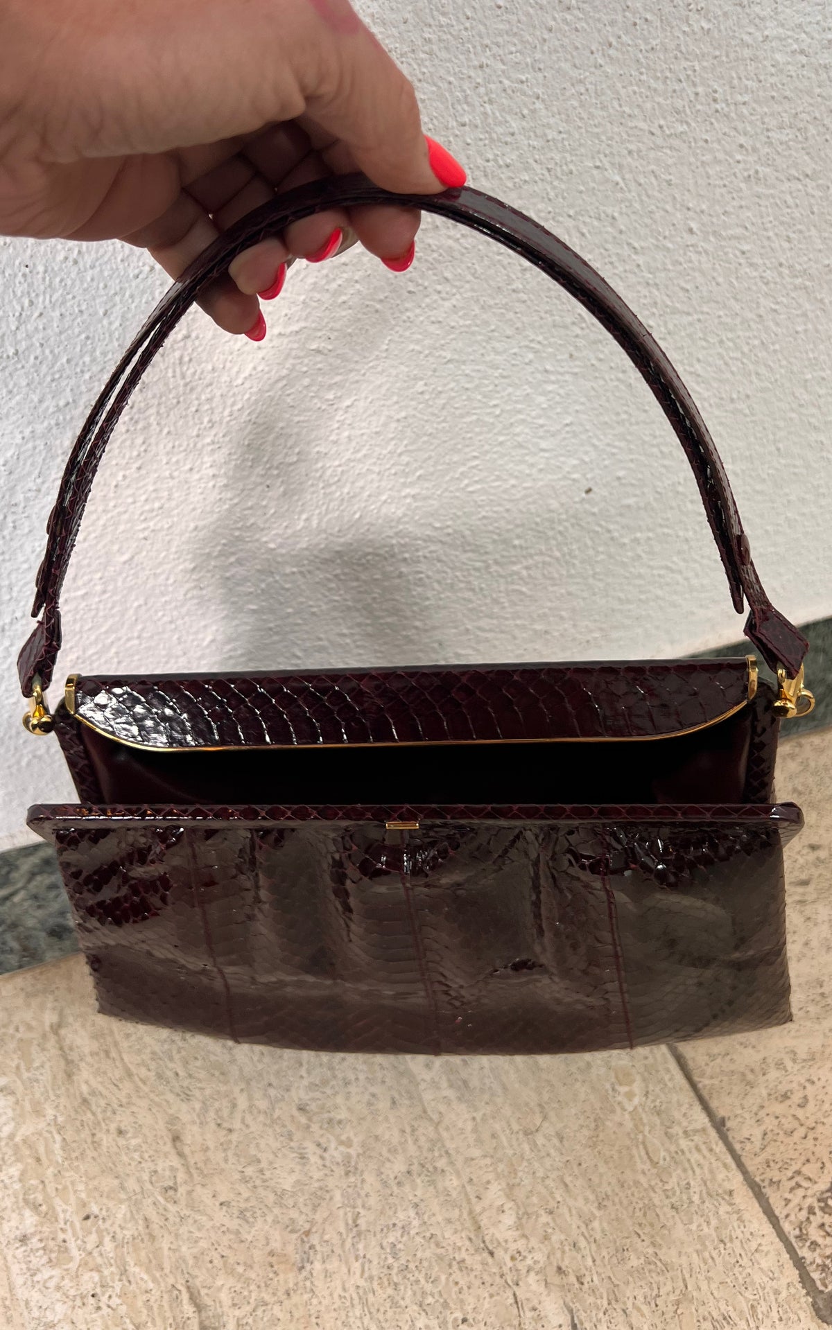 Vintage Genuine Snakeskin Handbag in Burgundy with Gold-Tone Frame