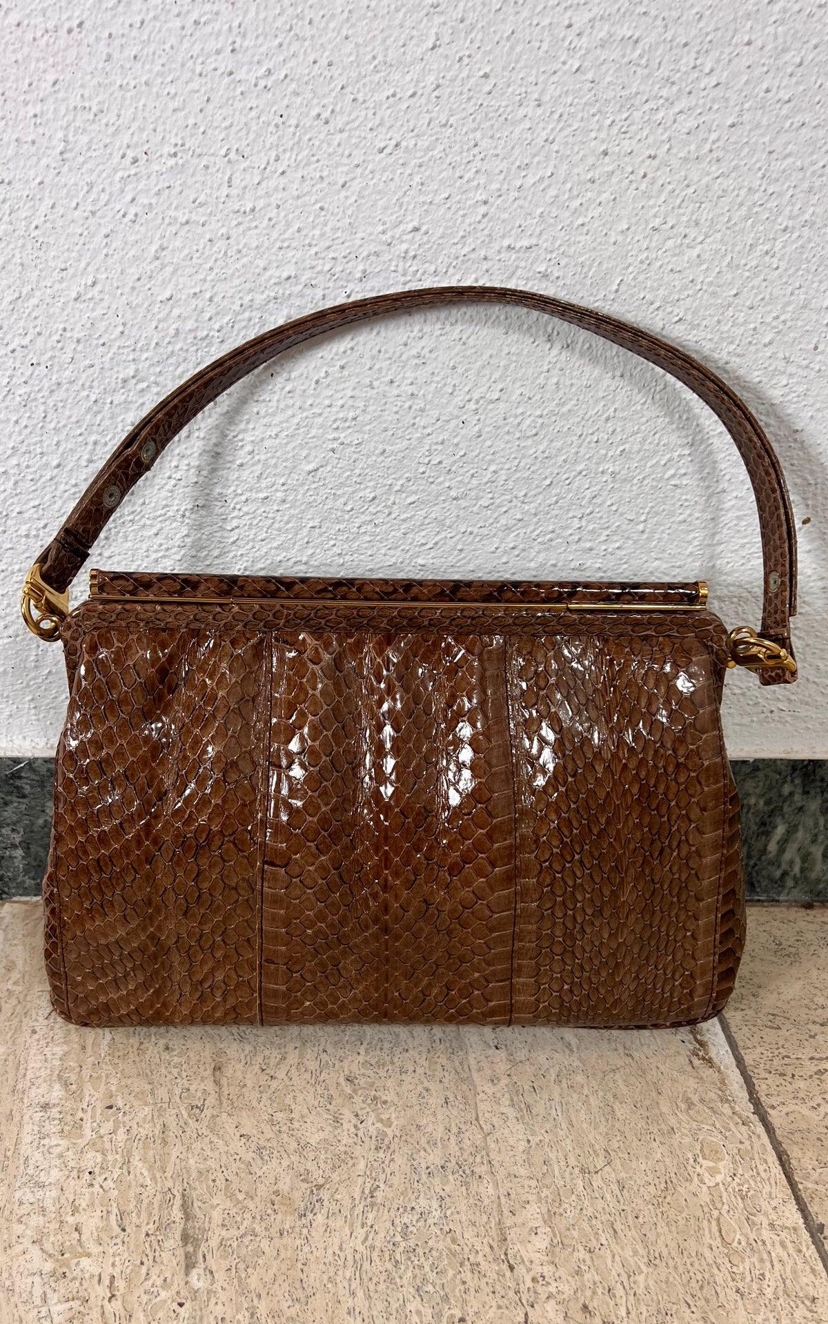Vintage Genuine Snakeskin Handbag in Brown with Gold-Tone Frame