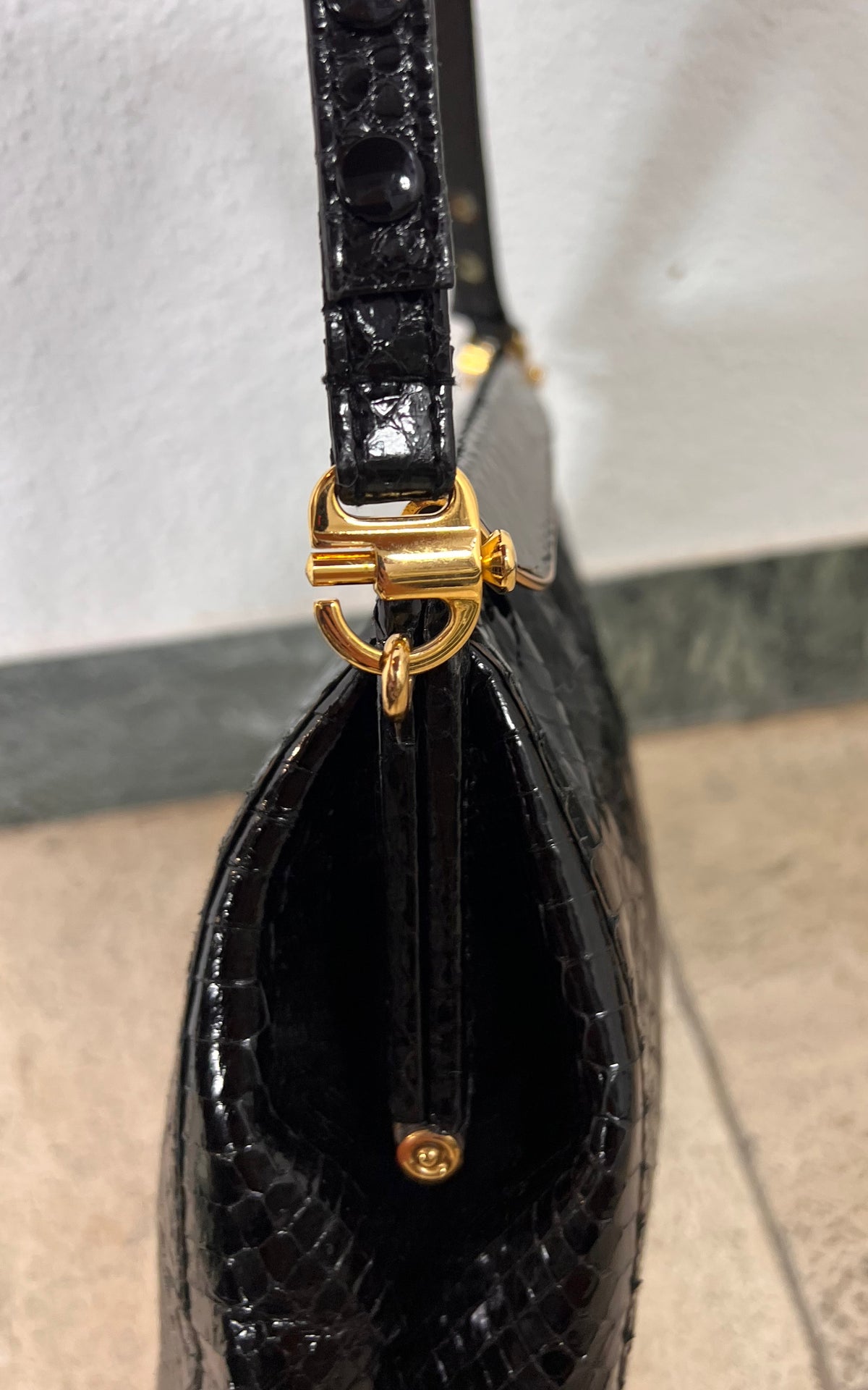 Vintage Genuine Snakeskin Handbag in Black with Gold-Tone Frame