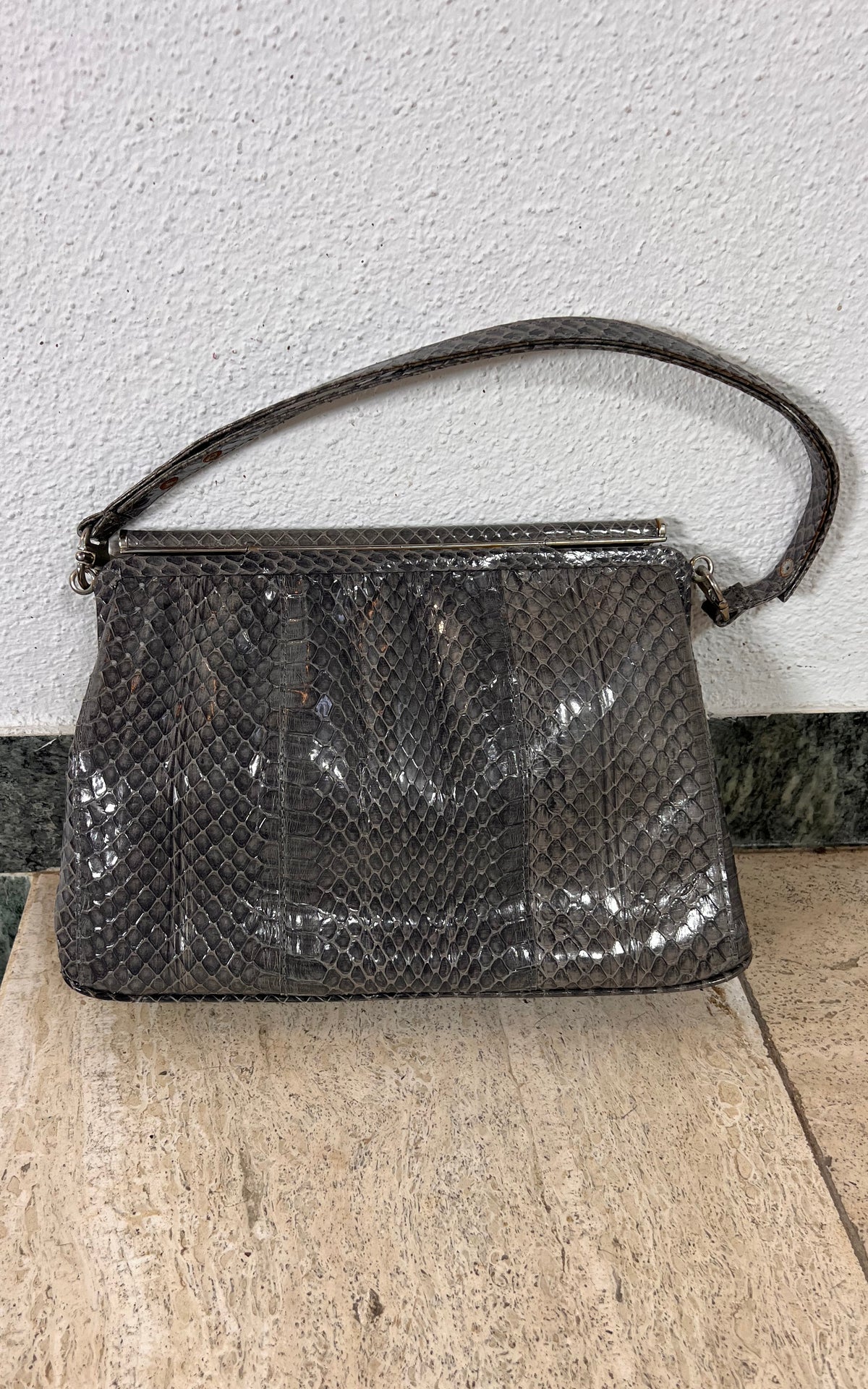 Vintage Genuine Snakeskin Handbag in Smoky Grey with Silver-Tone Frame
