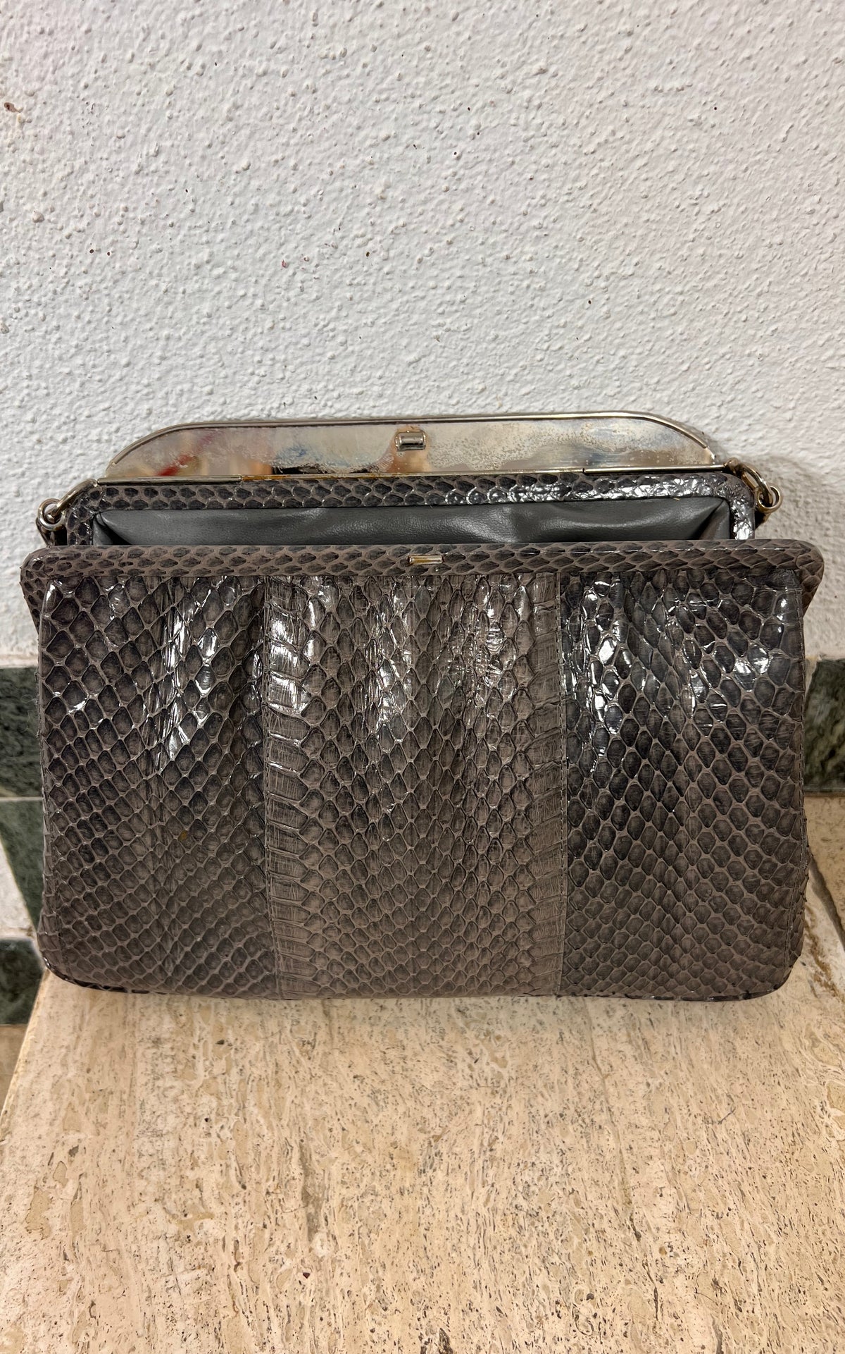Vintage Genuine Snakeskin Handbag in Smoky Grey with Silver-Tone Frame