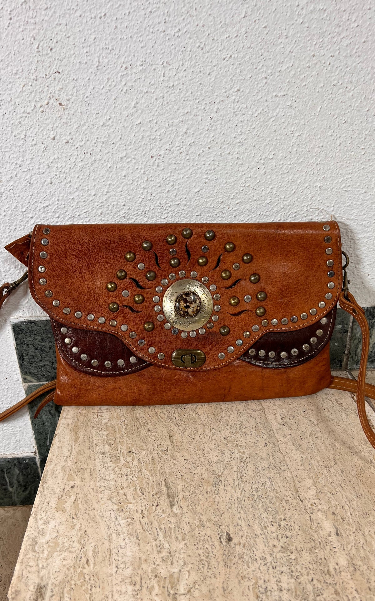 Vintage Hippie Cognac Leather Shoulder Bag with Studded Sunburst Detail