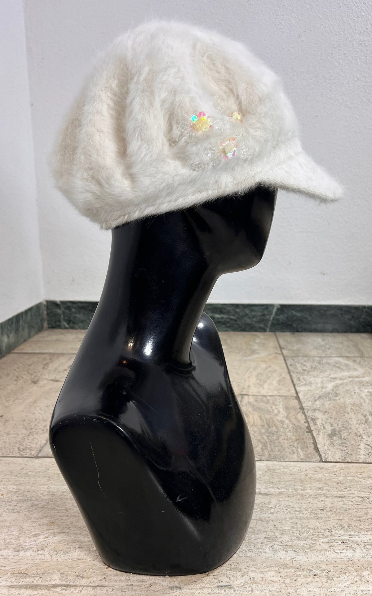 Vintage Ivory Fluffy Baker Boy Cap with Beaded Floral Detail
