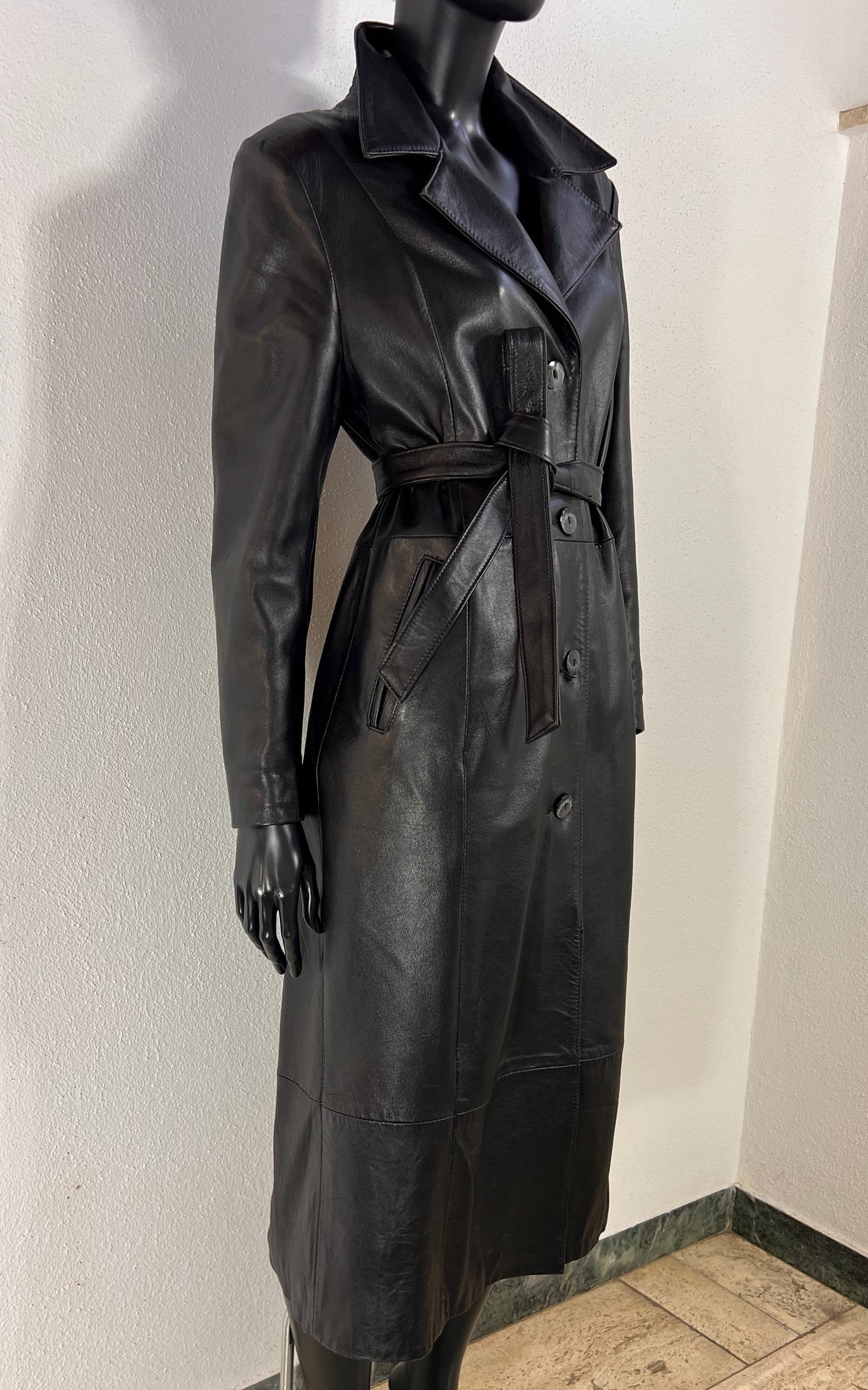 Vintage Black Nappa Leather Belted Coat – Made in Italy