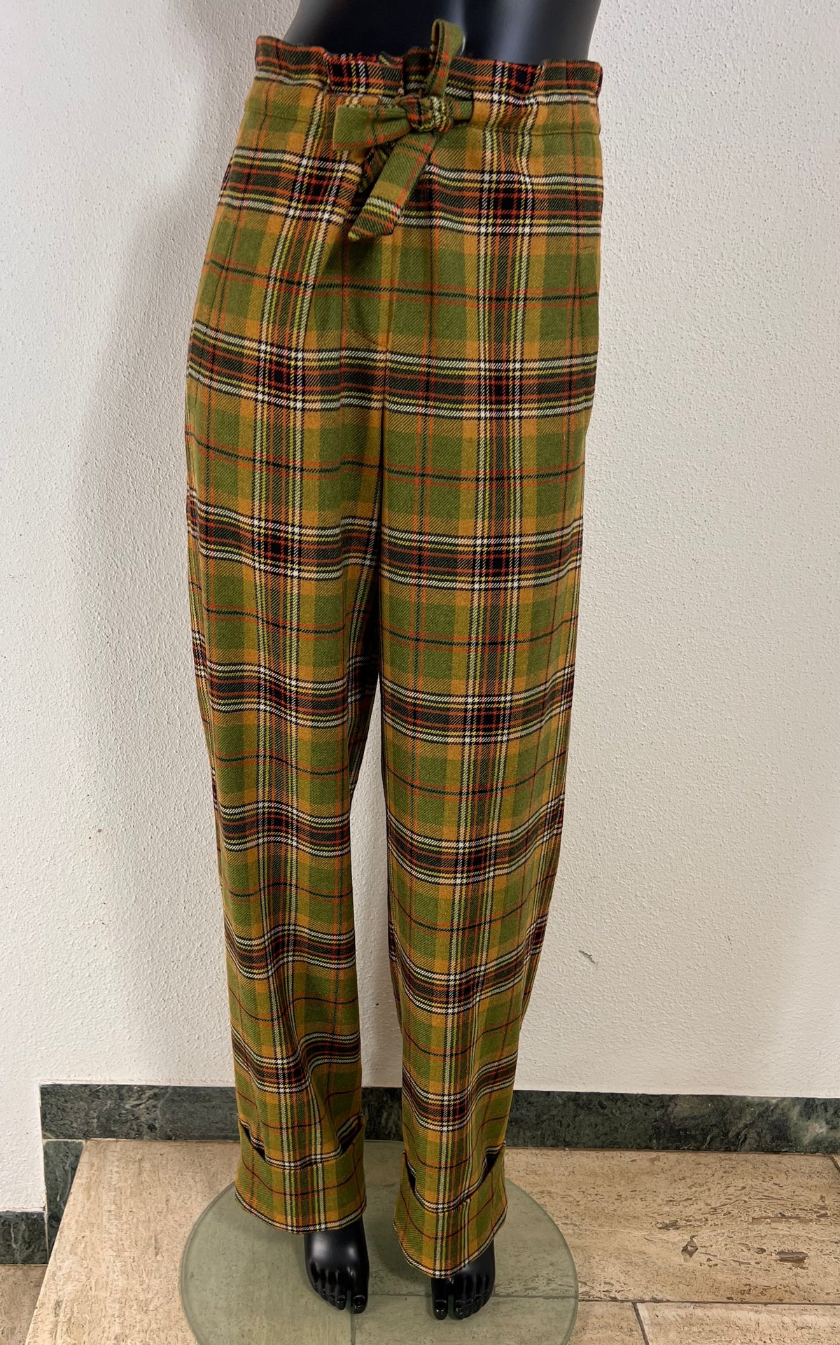 Vintage Alberta Ferretti Wool Tartan Trousers with Tie Waist