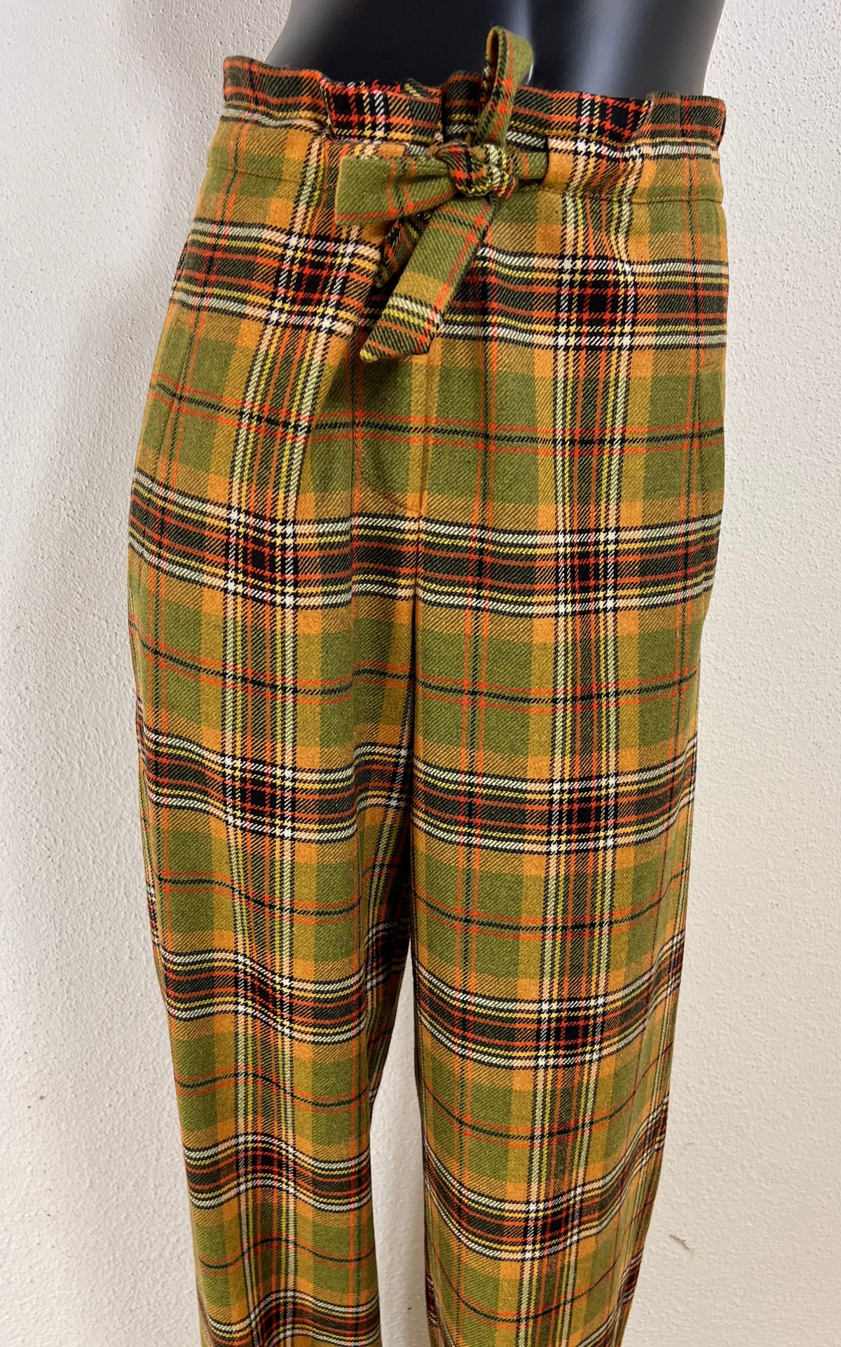 Vintage Alberta Ferretti Wool Tartan Trousers with Tie Waist
