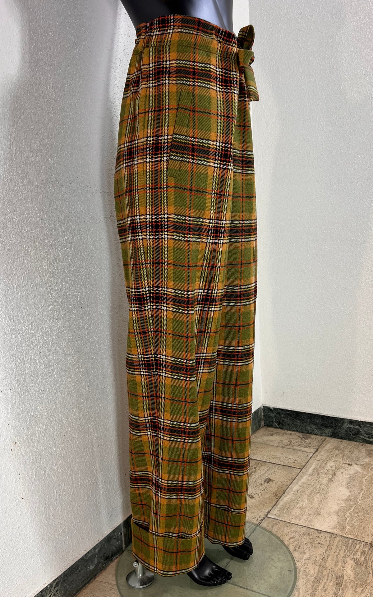 Vintage Alberta Ferretti Wool Tartan Trousers with Tie Waist