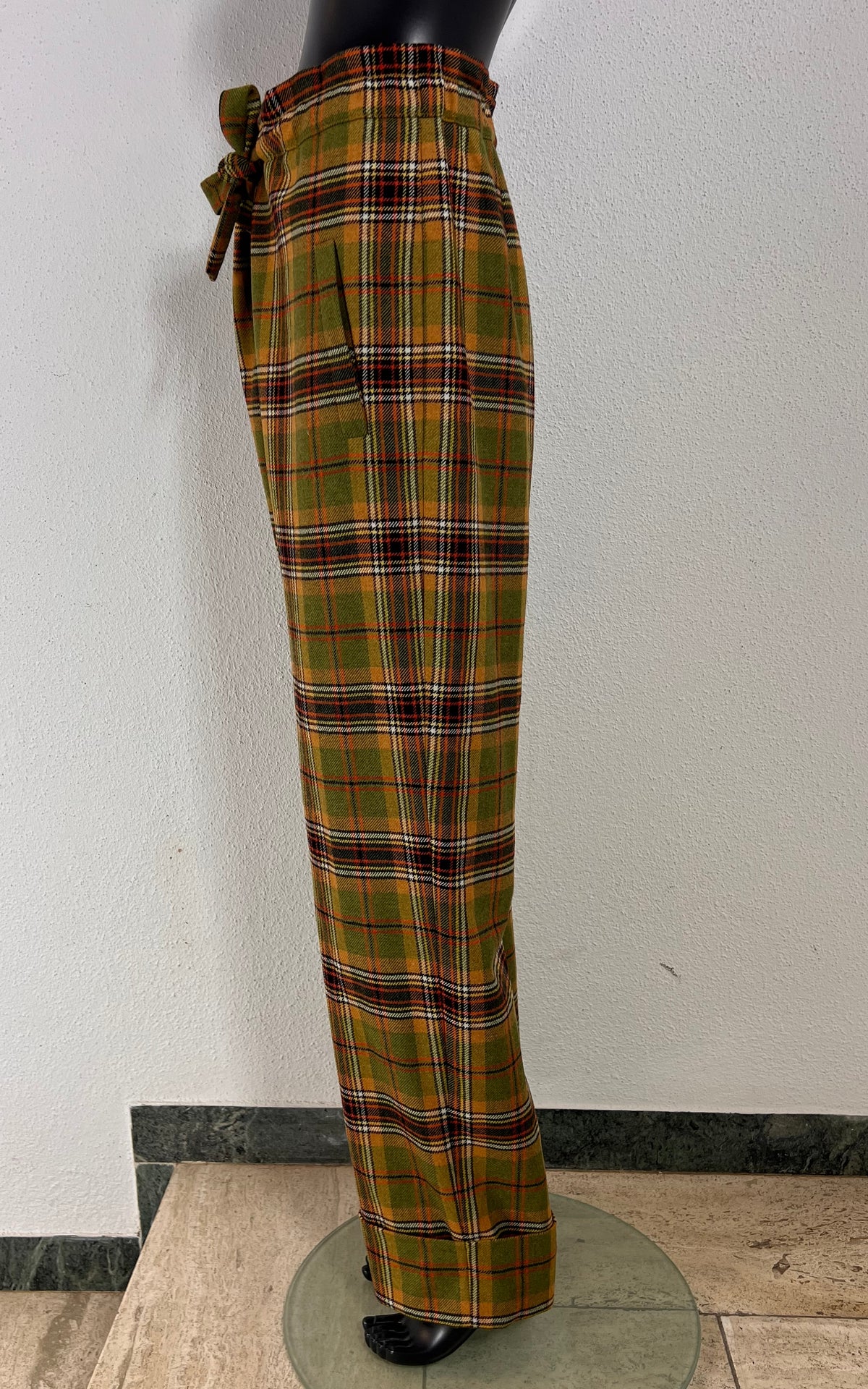 Vintage Alberta Ferretti Wool Tartan Trousers with Tie Waist
