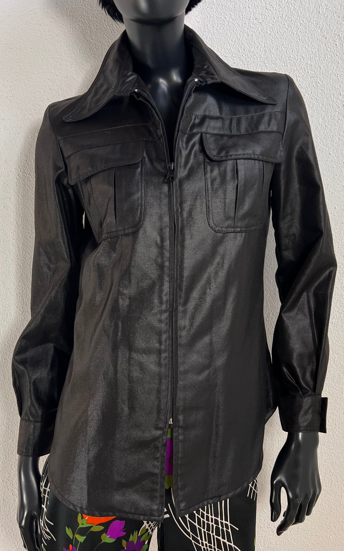 Vintage 1970s H. Lans Metallic Black Zip-Front Shirt Jacket – Philippe Jordon Paris