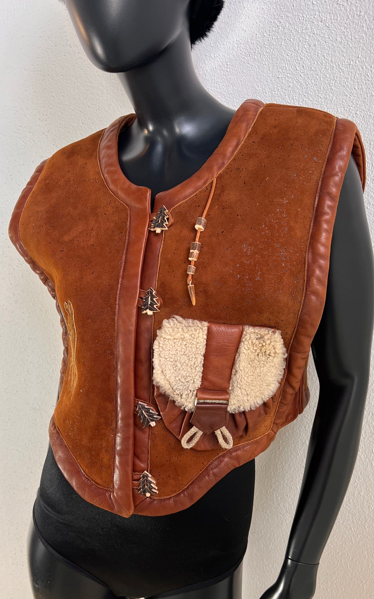 Annina Design Vintage Shearling Vest with Woodland Appliqués – Cognac Brown