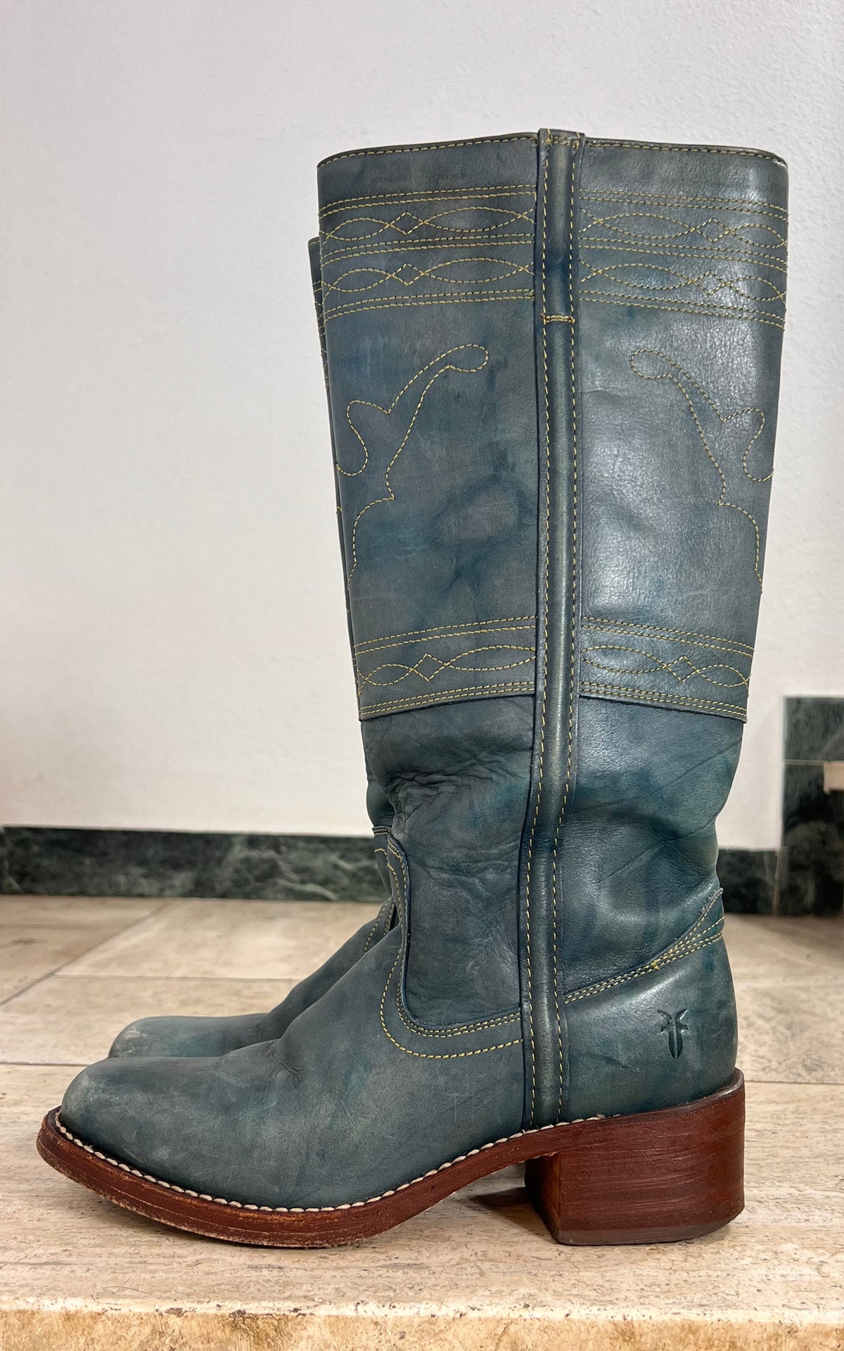 Frye Denim Blue Leather Western Boots with Contrast Stitching