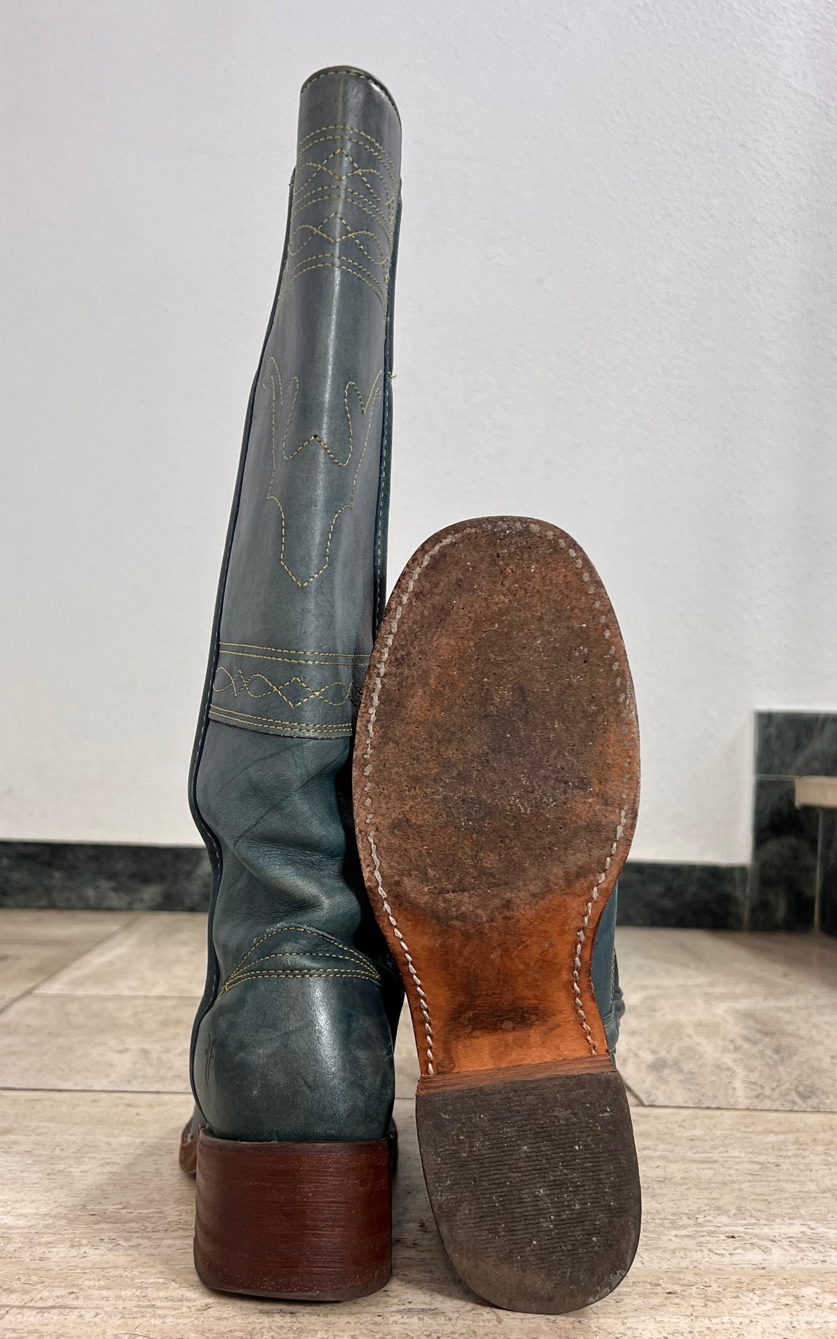 Frye Denim Blue Leather Western Boots with Contrast Stitching