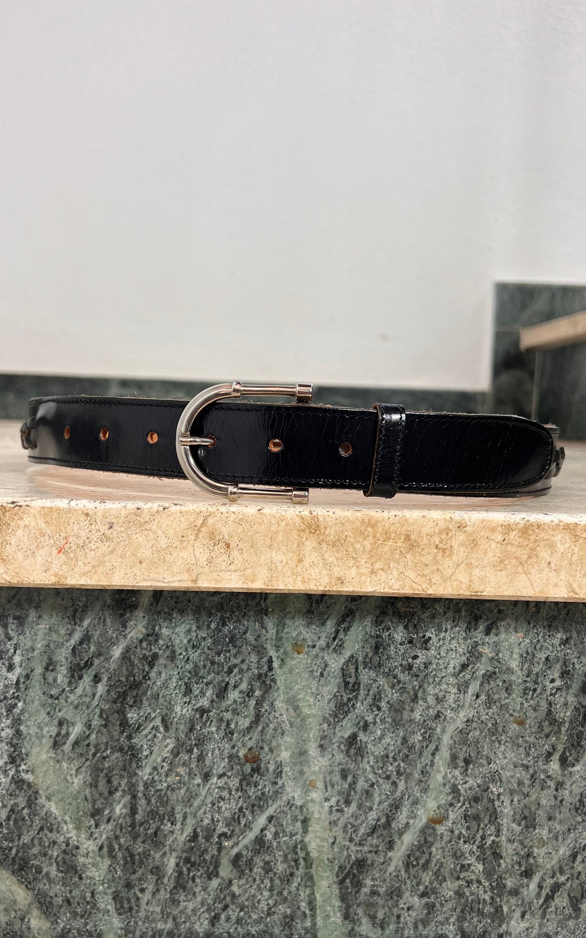 Vintage Black Leather Belt with Braided Details & Silver-Tone Buckle