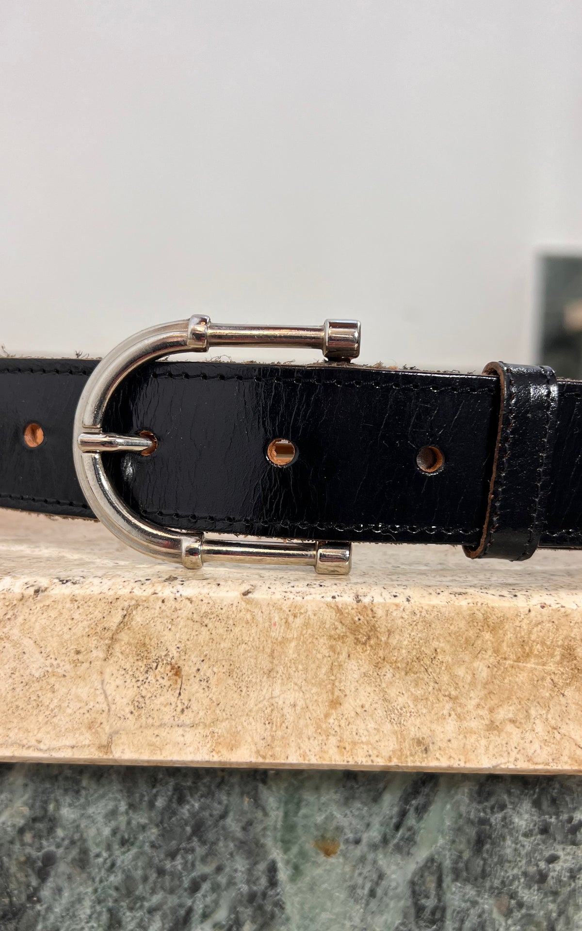 Vintage Black Leather Belt with Braided Details & Silver-Tone Buckle