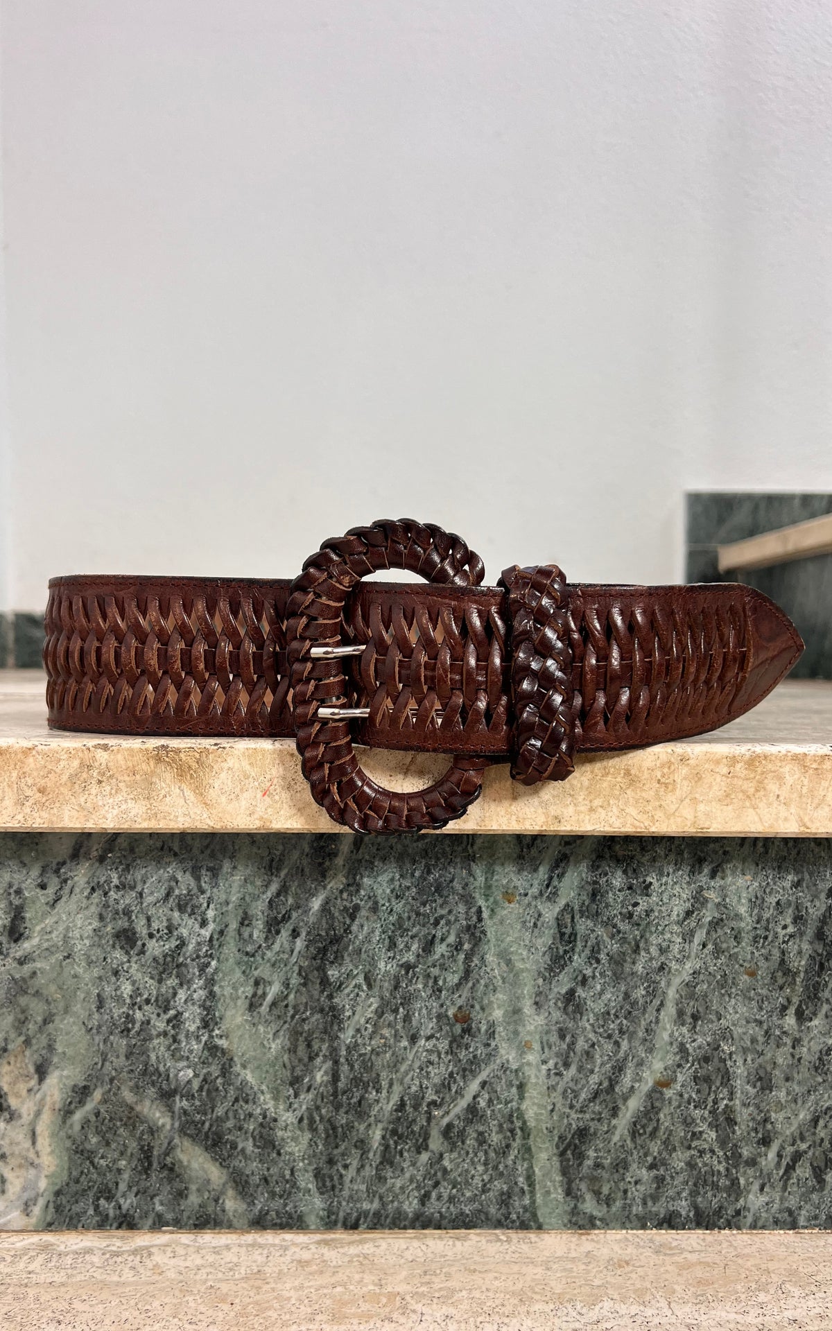Vintage Brown Woven Leather Statement Belt with Oversized Buckle