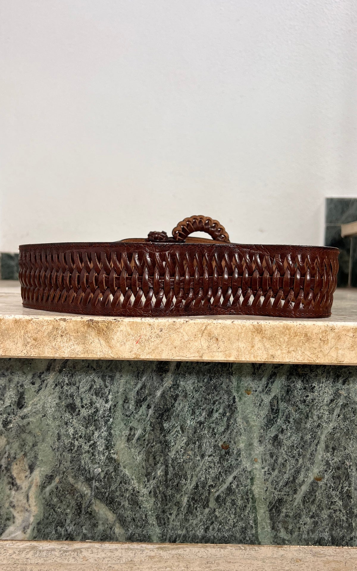 Vintage Brown Woven Leather Statement Belt with Oversized Buckle