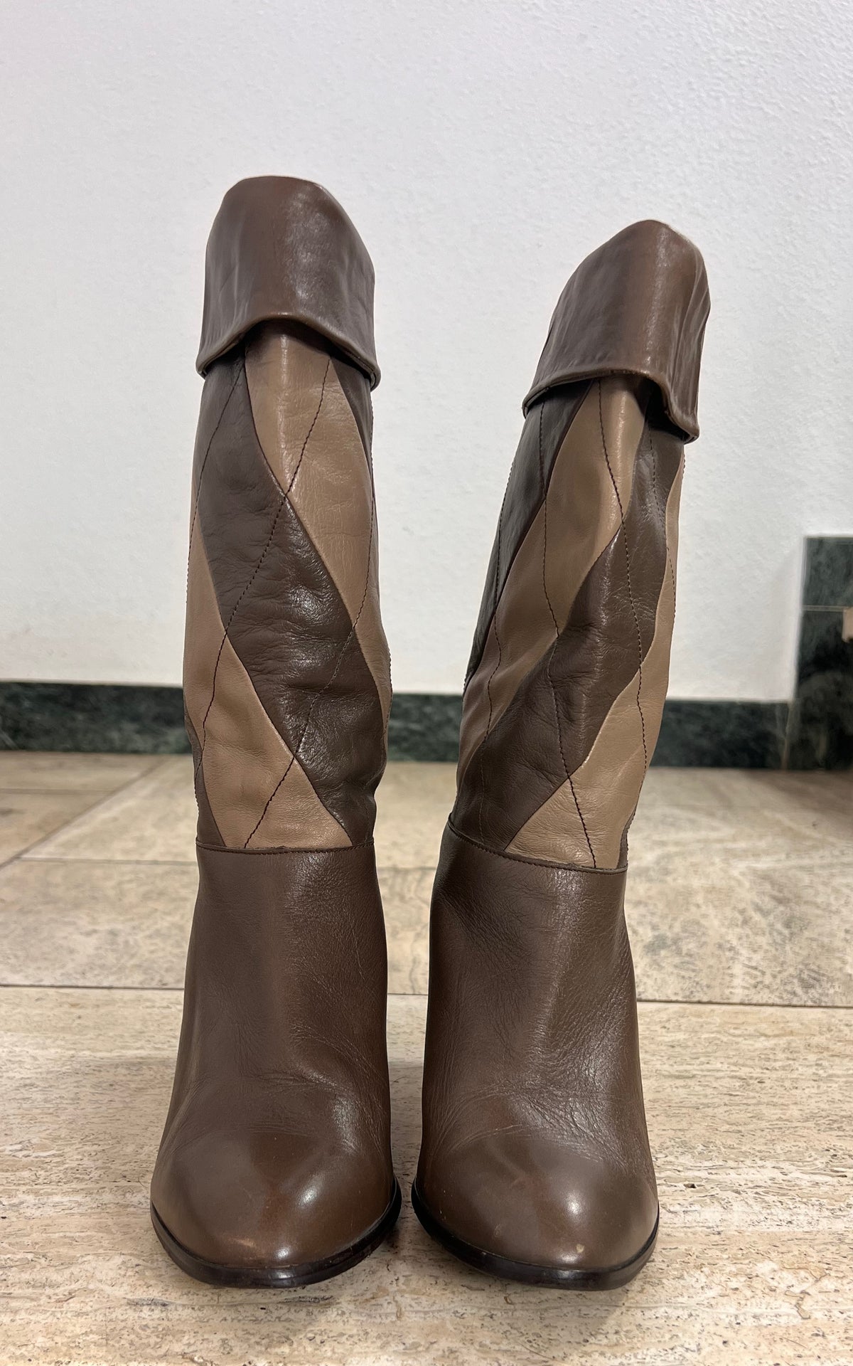 Vintage Brown &  Camel Diamond Patchwork Leather Boots