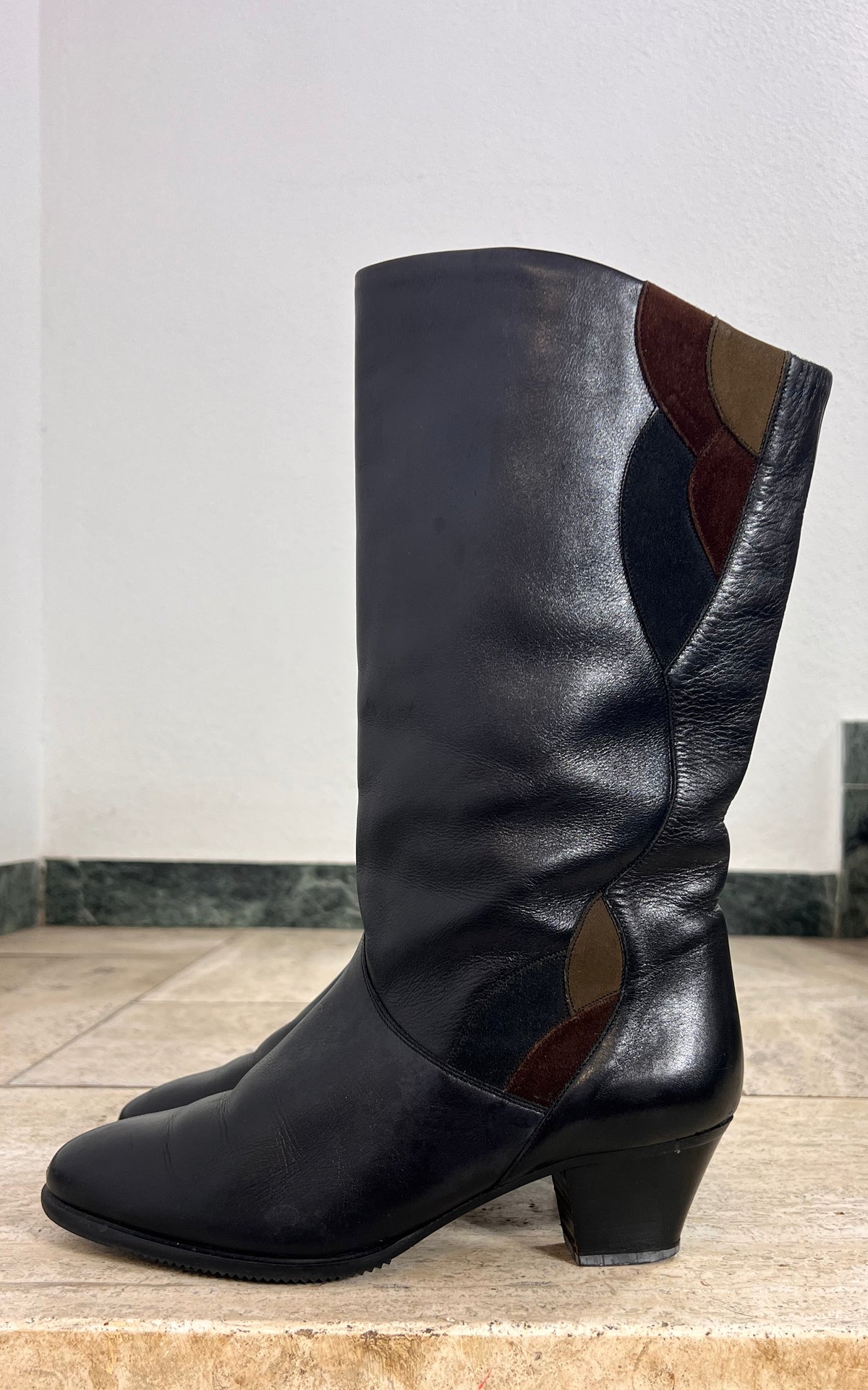 Vintage Black Leather Tall Boots with Suede Inlays & Warm Lining