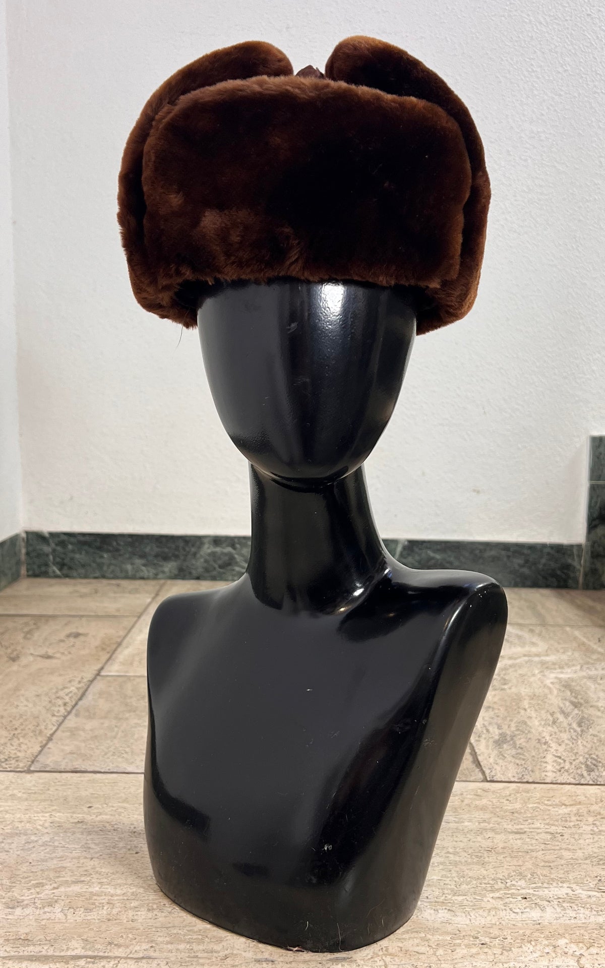 Vintage Brown Shearling Trapper Hat with Suede Crown & Tie-Up Ear Flaps