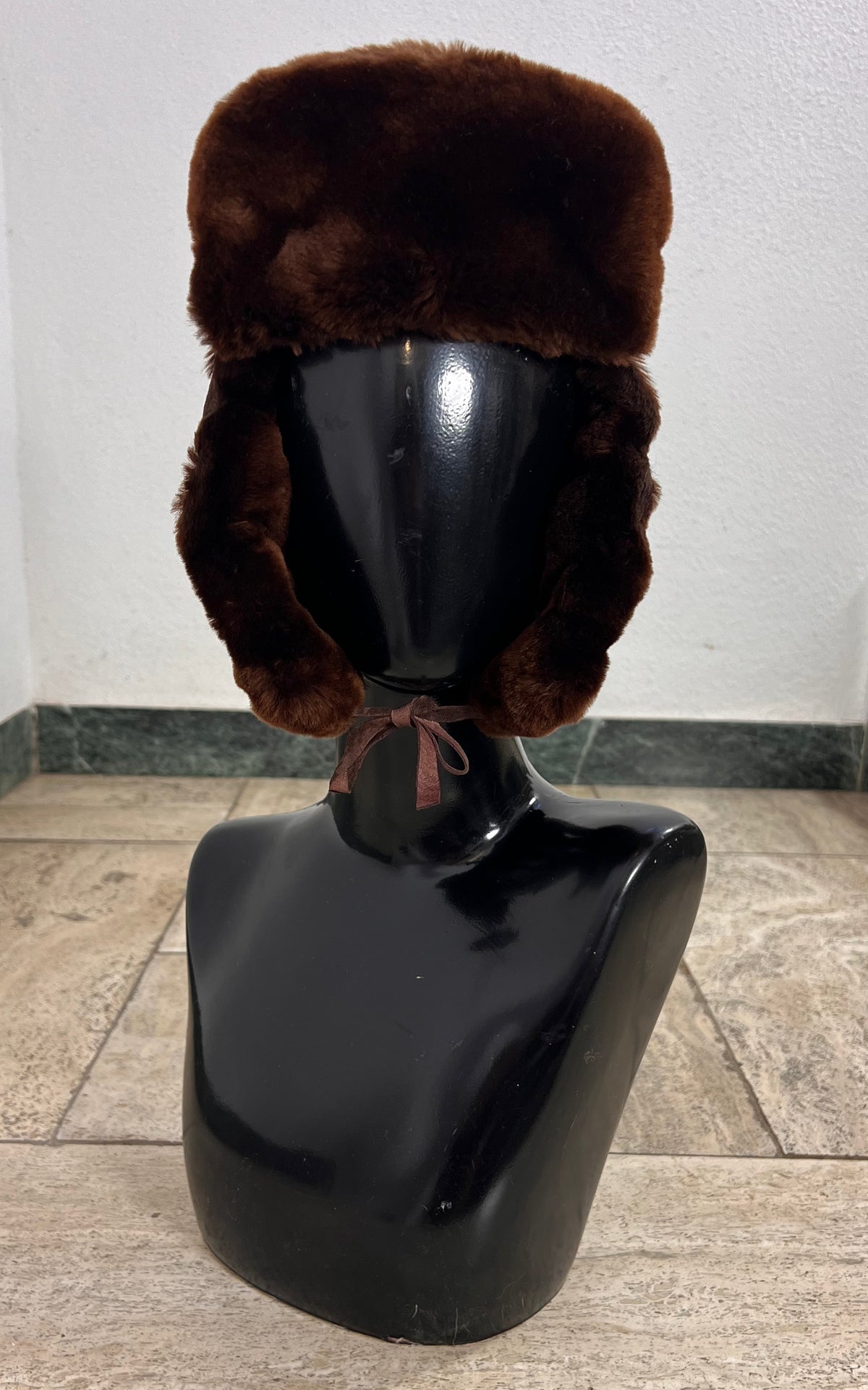 Vintage Brown Shearling Trapper Hat with Suede Crown & Tie-Up Ear Flaps